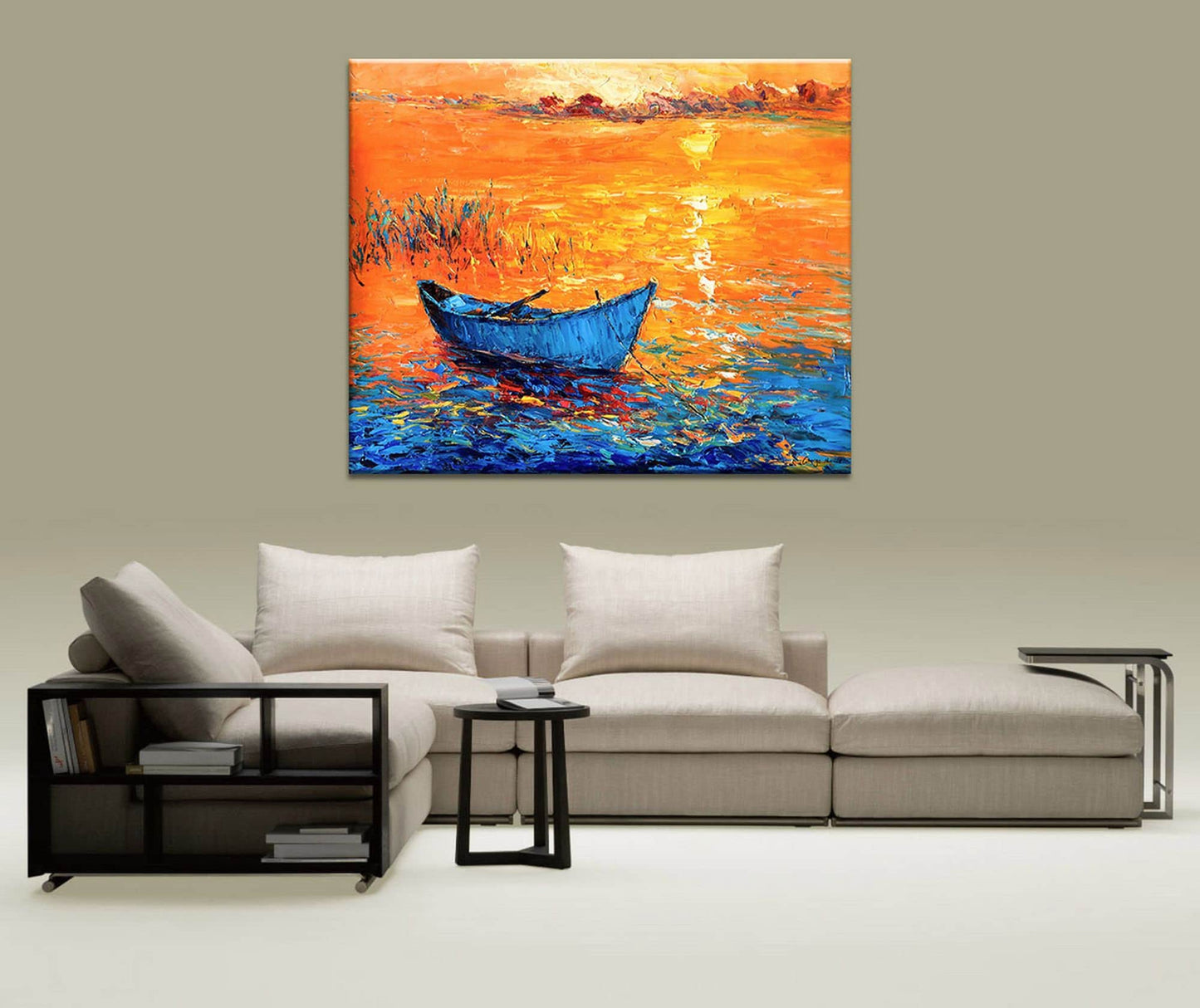 Oil Painting Fishing Boat At Sea Sunset, Wall Art, Oil Painting, Landscape, Handmade Painting, Modern Wall Art, Textured Painting