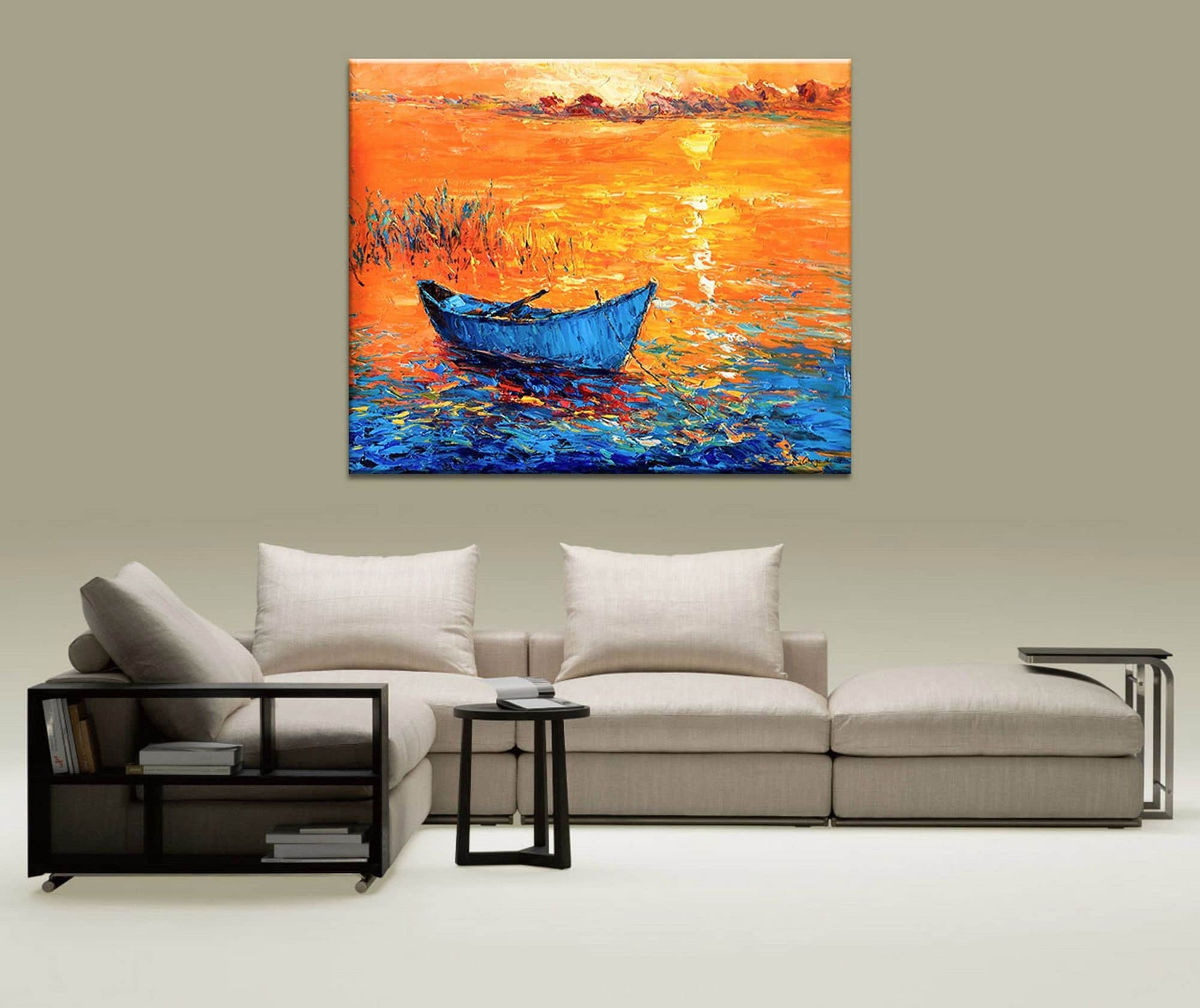 Oil Painting Fishing Boat At Sea Sunset, Wall Art, Oil Painting, Landscape, Handmade Painting, Modern Wall Art, Textured Painting