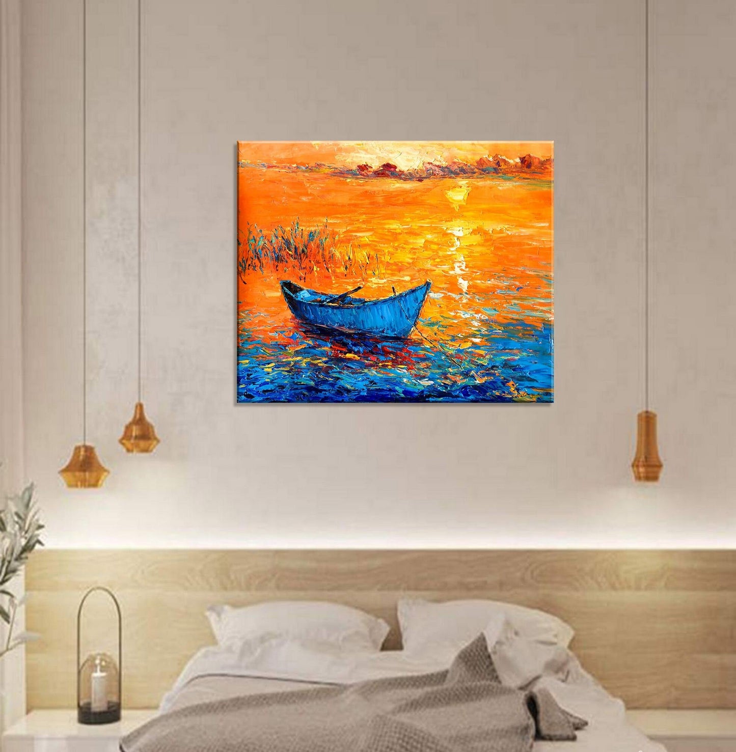 Oil Painting Fishing Boat At Sea Sunset, Wall Art, Oil Painting, Landscape, Handmade Painting, Modern Wall Art, Textured Painting