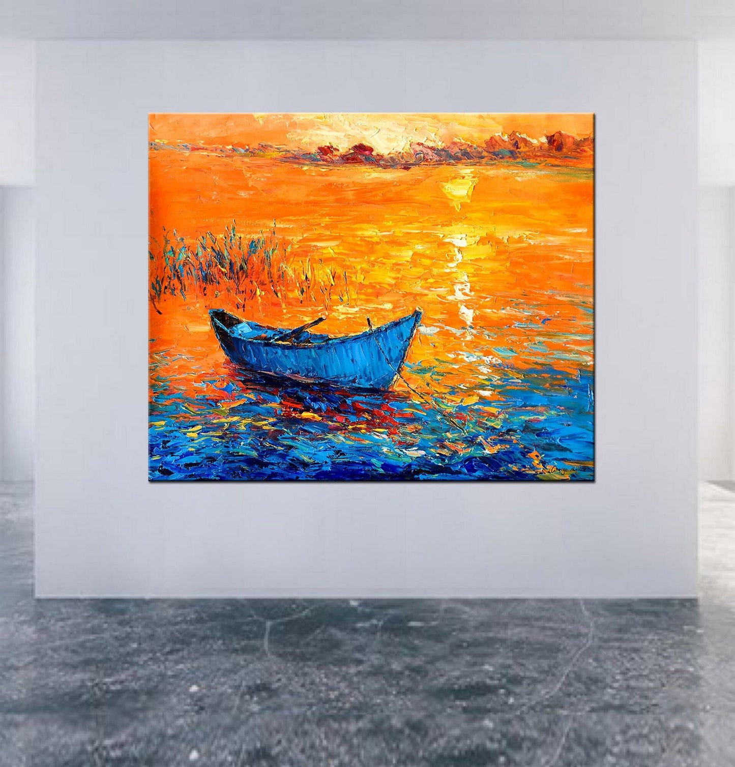 Oil Painting Fishing Boat At Sea Sunset, Wall Art, Oil Painting, Landscape, Handmade Painting, Modern Wall Art, Textured Painting