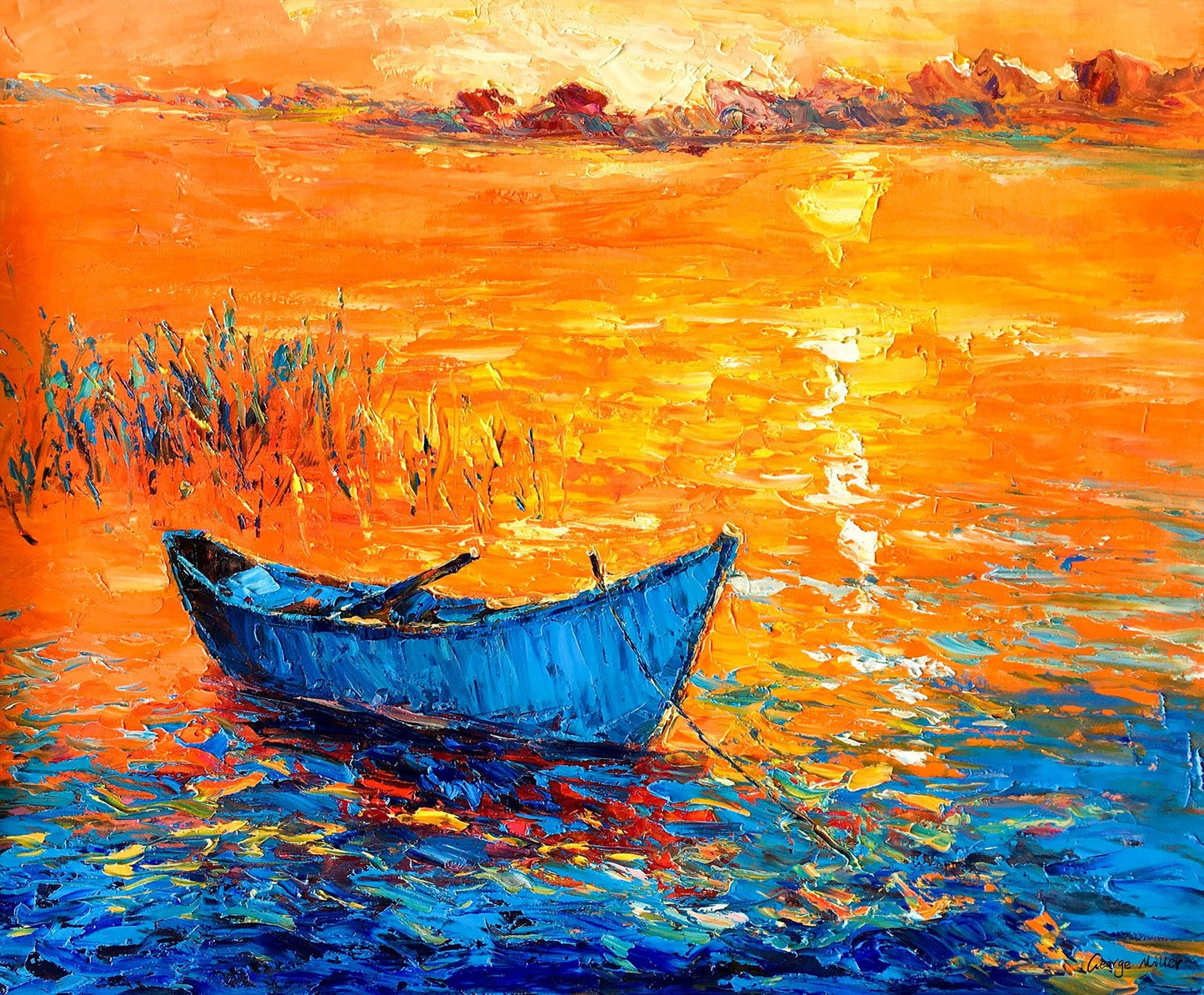 Oil Painting Fishing Boat At Sea Sunset, Wall Art, Oil Painting, Landscape, Handmade Painting, Modern Wall Art, Textured Painting