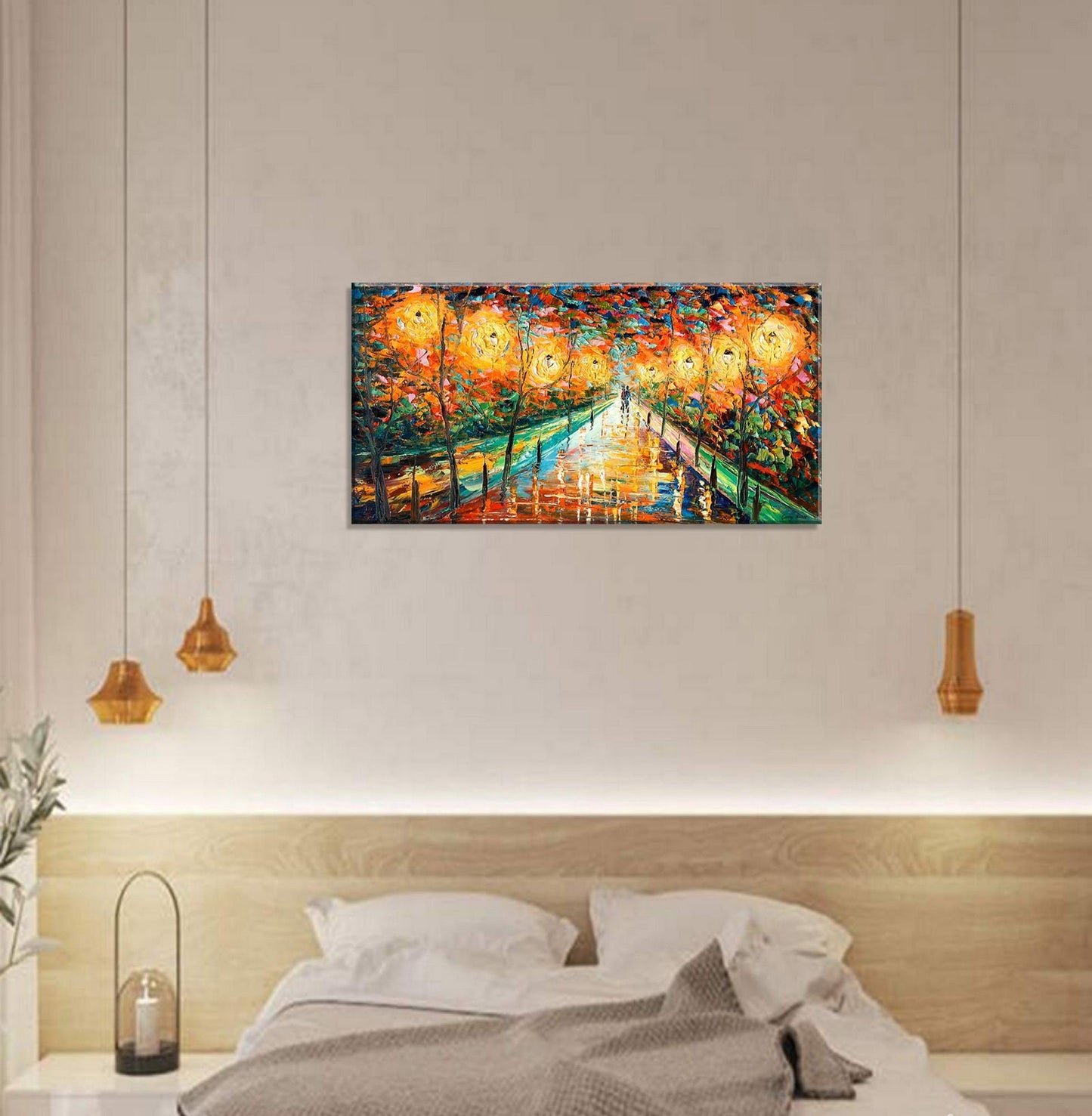 Landscape Oil Painting Street At Night, Canvas Painting, Landscape Art, Extra Large Wall Art, Handmade, Modern Wall Art, Texture Painting