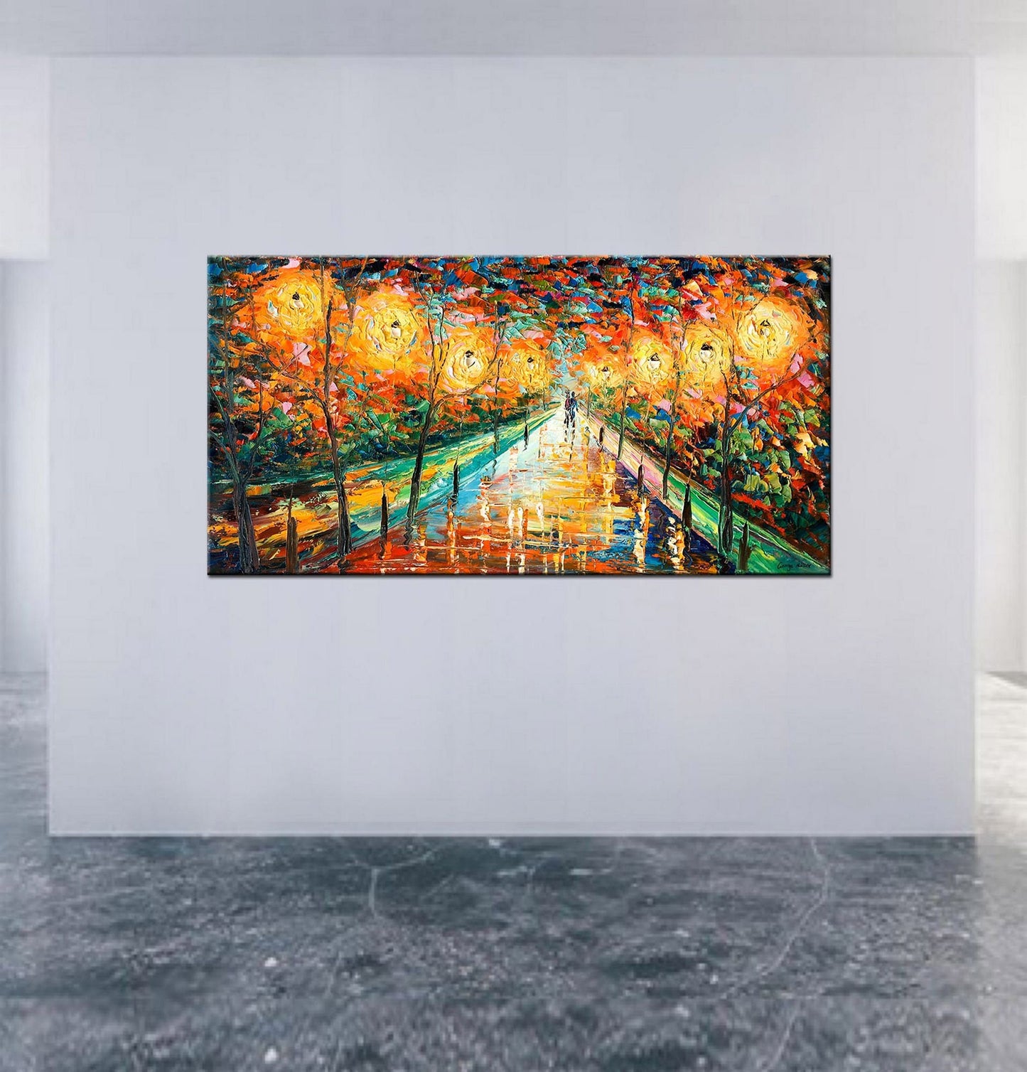 Landscape Oil Painting Street At Night, Canvas Painting, Landscape Art, Extra Large Wall Art, Handmade, Modern Wall Art, Texture Painting