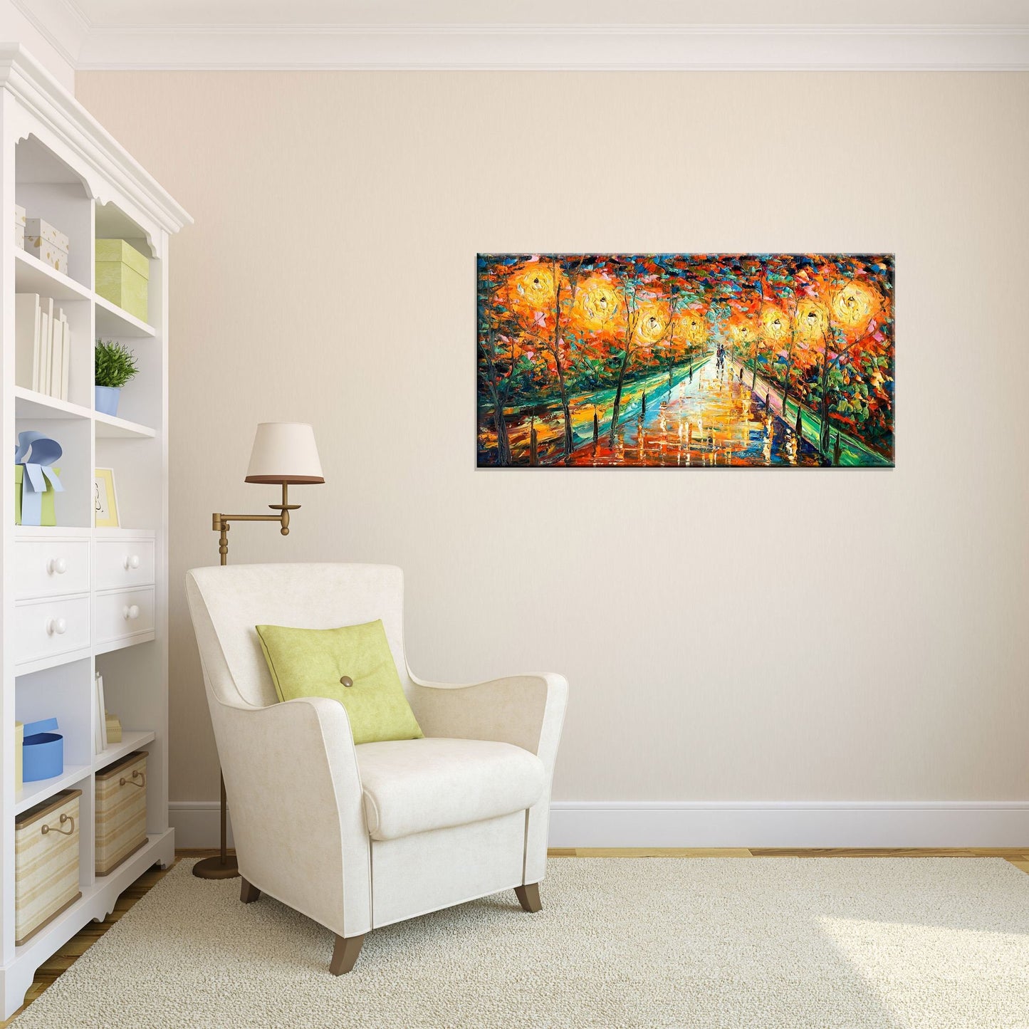 Landscape Oil Painting Street At Night, Canvas Painting, Landscape Art, Extra Large Wall Art, Handmade, Modern Wall Art, Texture Painting