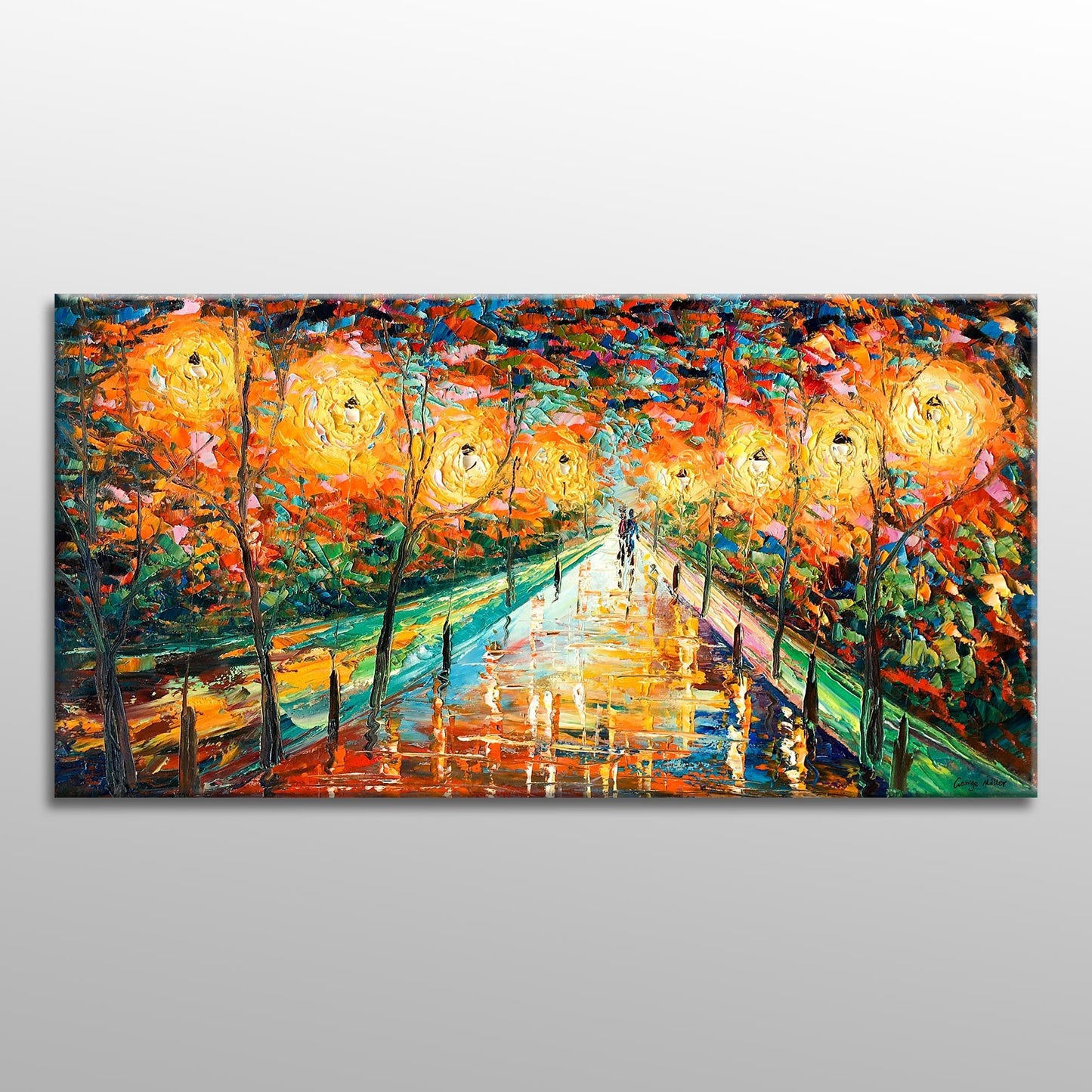 Landscape Oil Painting Street At Night, Canvas Painting, Landscape Art, Extra Large Wall Art, Handmade, Modern Wall Art, Texture Painting
