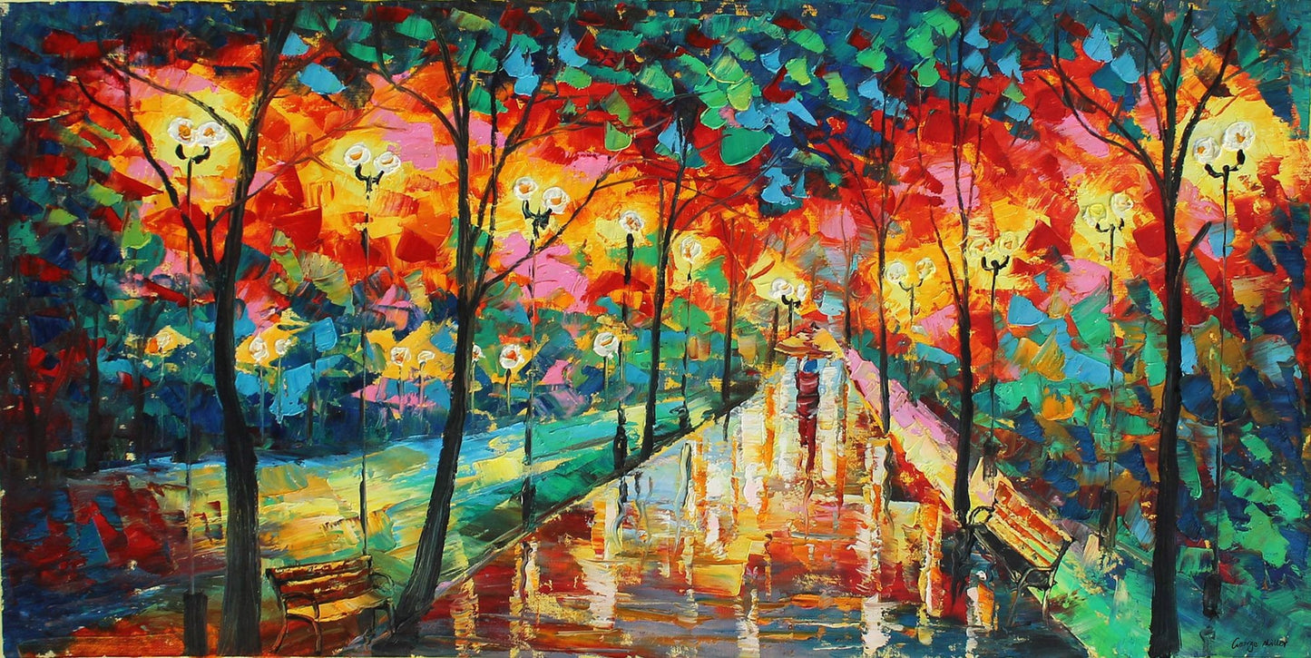Oil Painting Landscape Avenue At Night, Canvas Painting, Wall Art Painting, Abstract Landscape, Extra Large Wall Art, Palette Knife Art