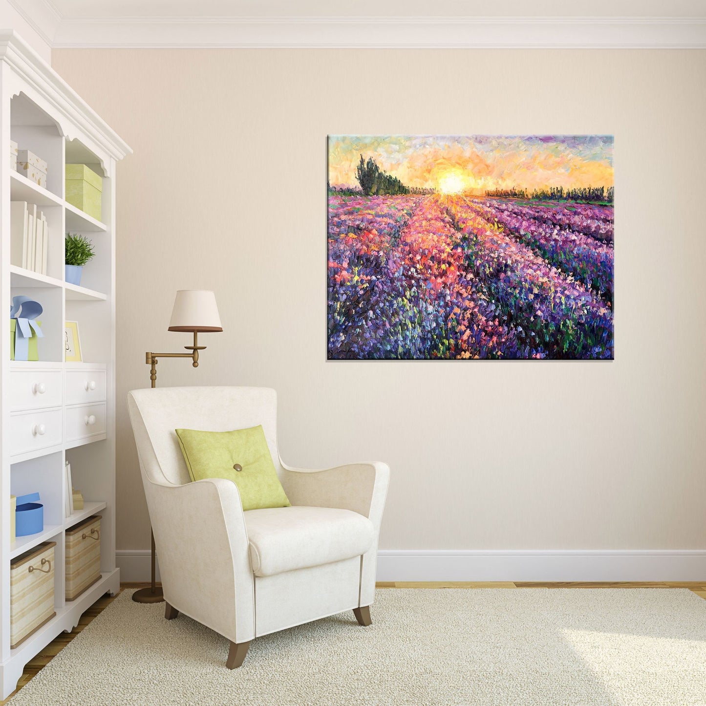 Oil Painting Tuscany Lavender Fields Sunrise, Living Room Decor, Large Abstract Art, Canvas Art, Contemporary Painting Large Canvas Wall Art