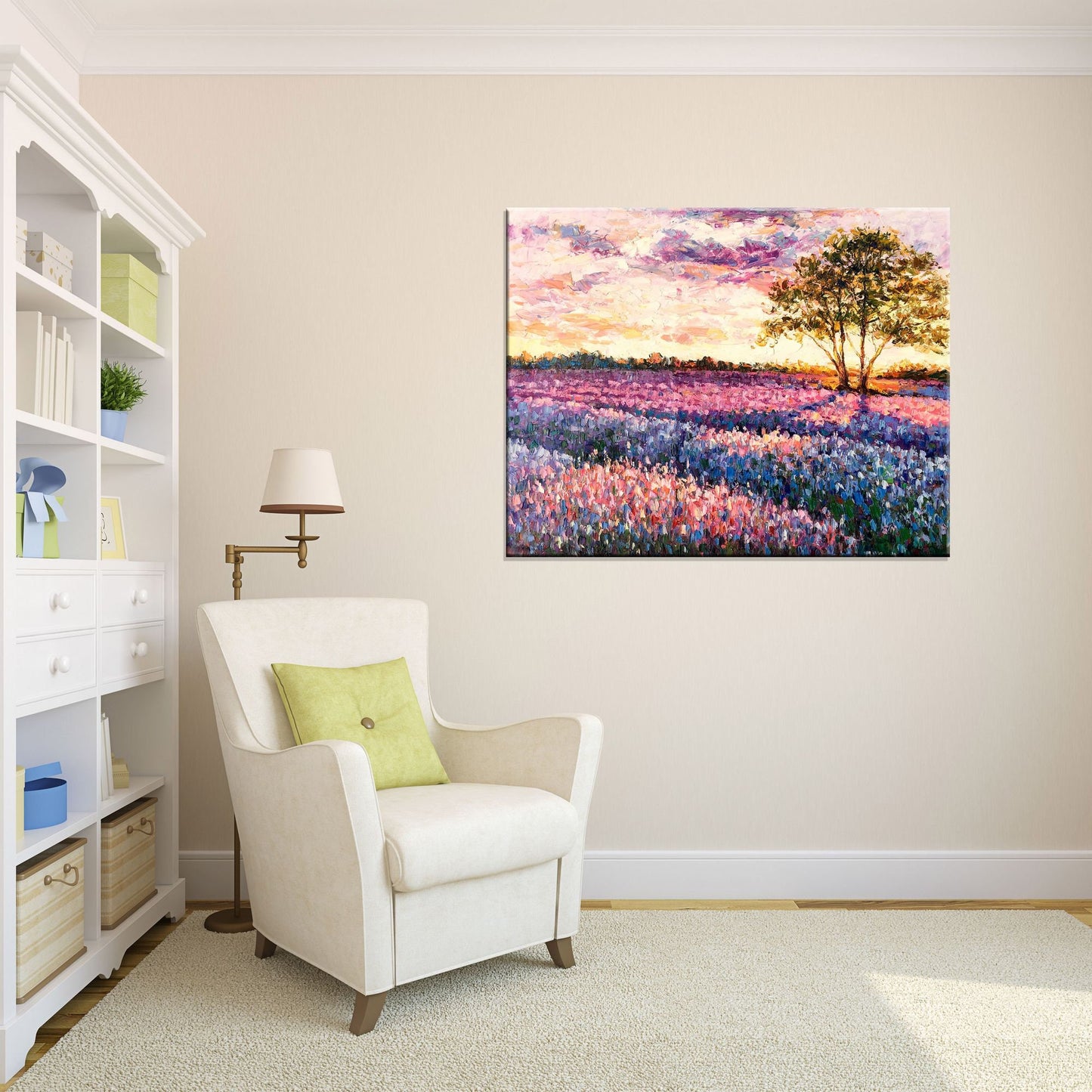 Landscape Oil Paintings Italian Tuscany Lavender Fields at Dawn, Modern Painting, Family Wall Decor, Canvas Painting, Painting Abstract