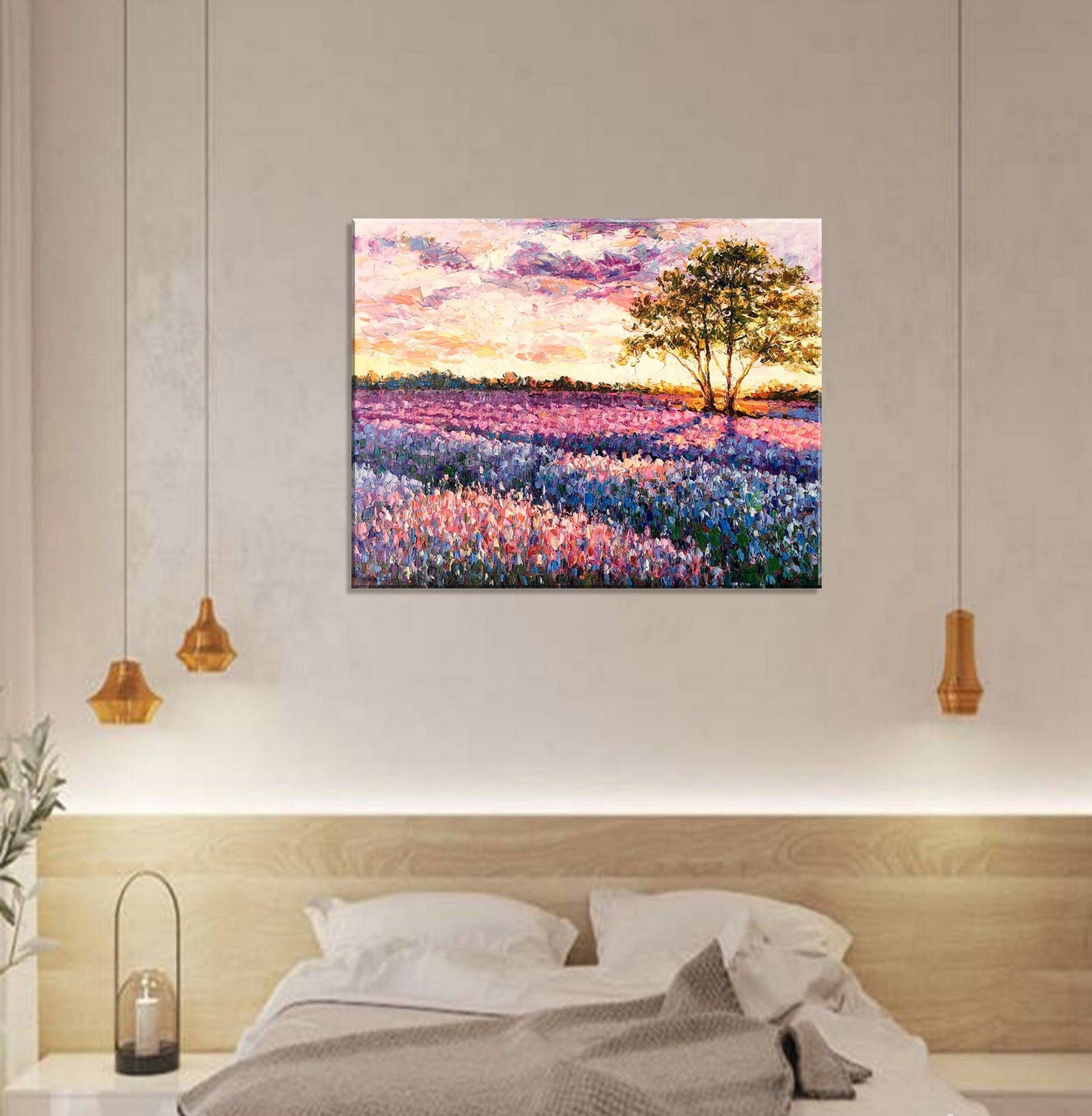 Landscape Oil Paintings Italian Tuscany Lavender Fields at Dawn, Modern Painting, Family Wall Decor, Canvas Painting, Painting Abstract
