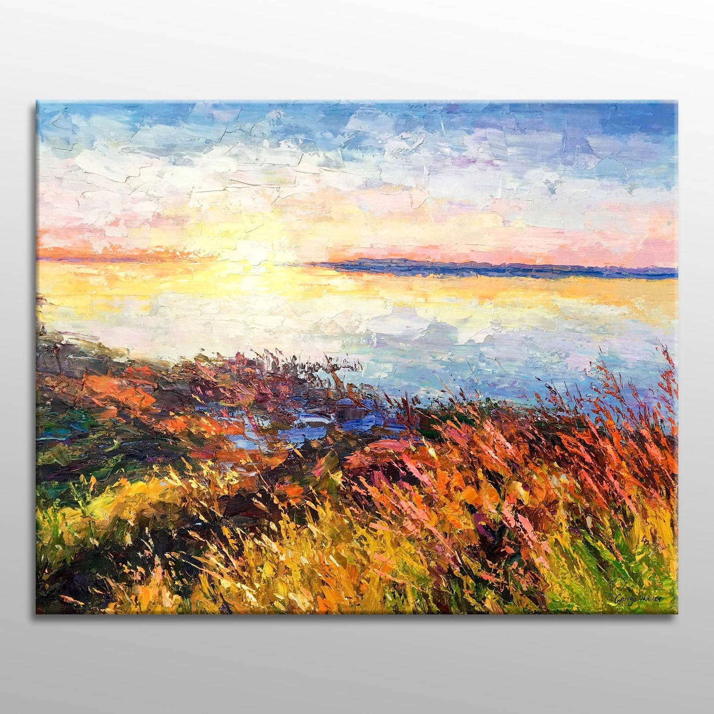 Experience the beauty of a Sunrise by the Lake- Large oil palette knife painting for your home decor