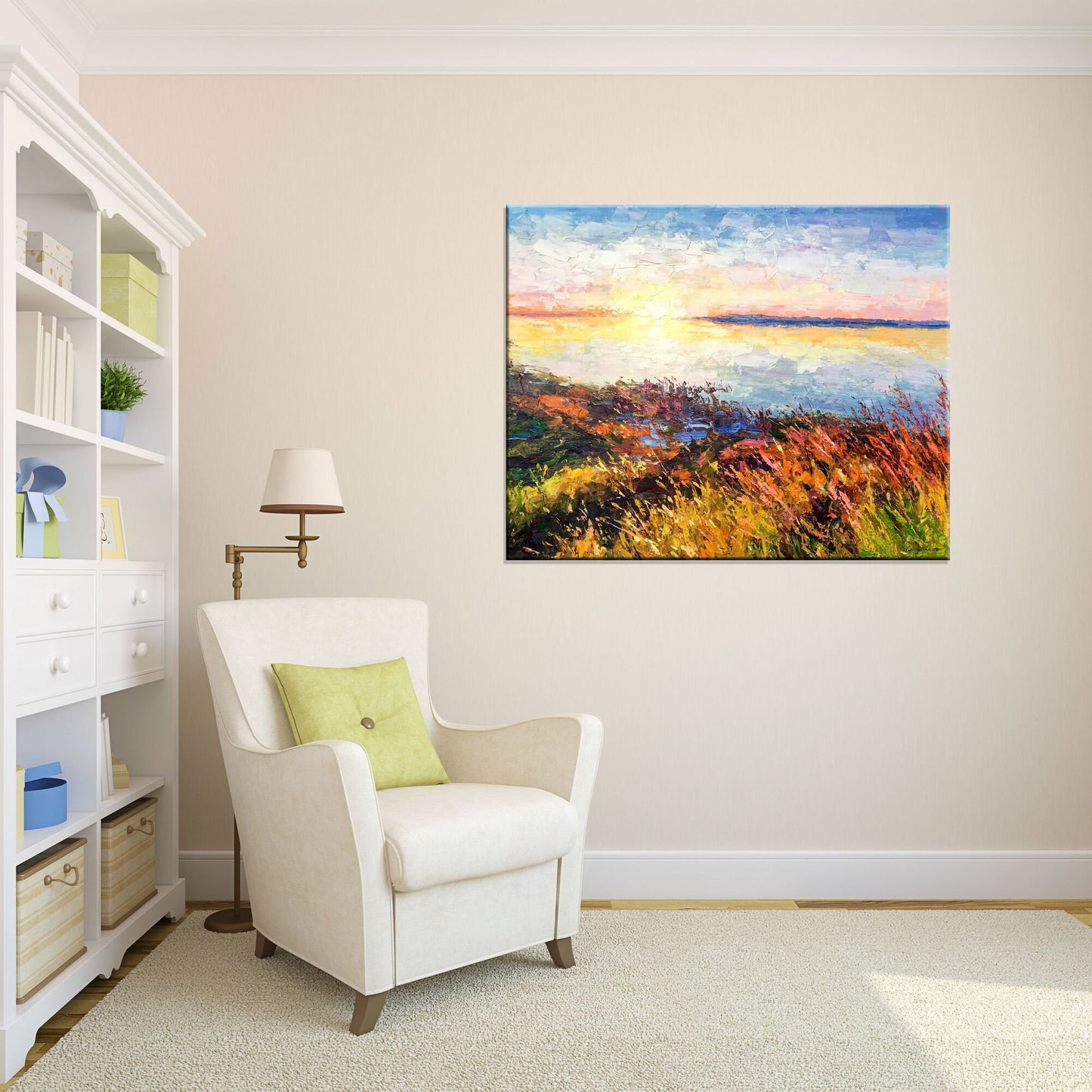 Experience the beauty of a Sunrise by the Lake- Large oil palette knife painting for your home decor