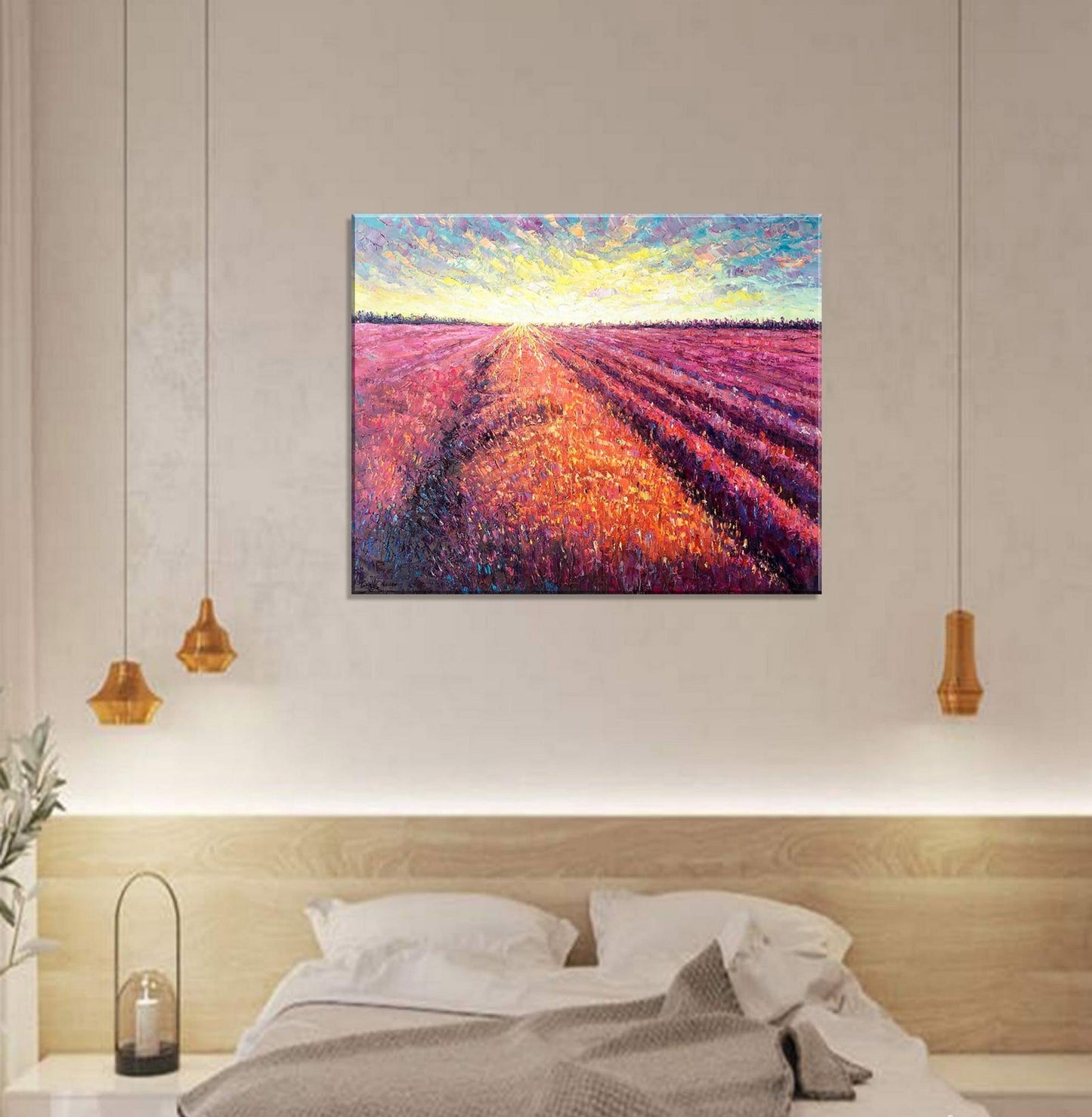 Landscape Oil Painting French Provence Lavender Fields At Dawn, Canvas Art, Paintings On Canvas, Abstract Landscape, Large Wall Art
