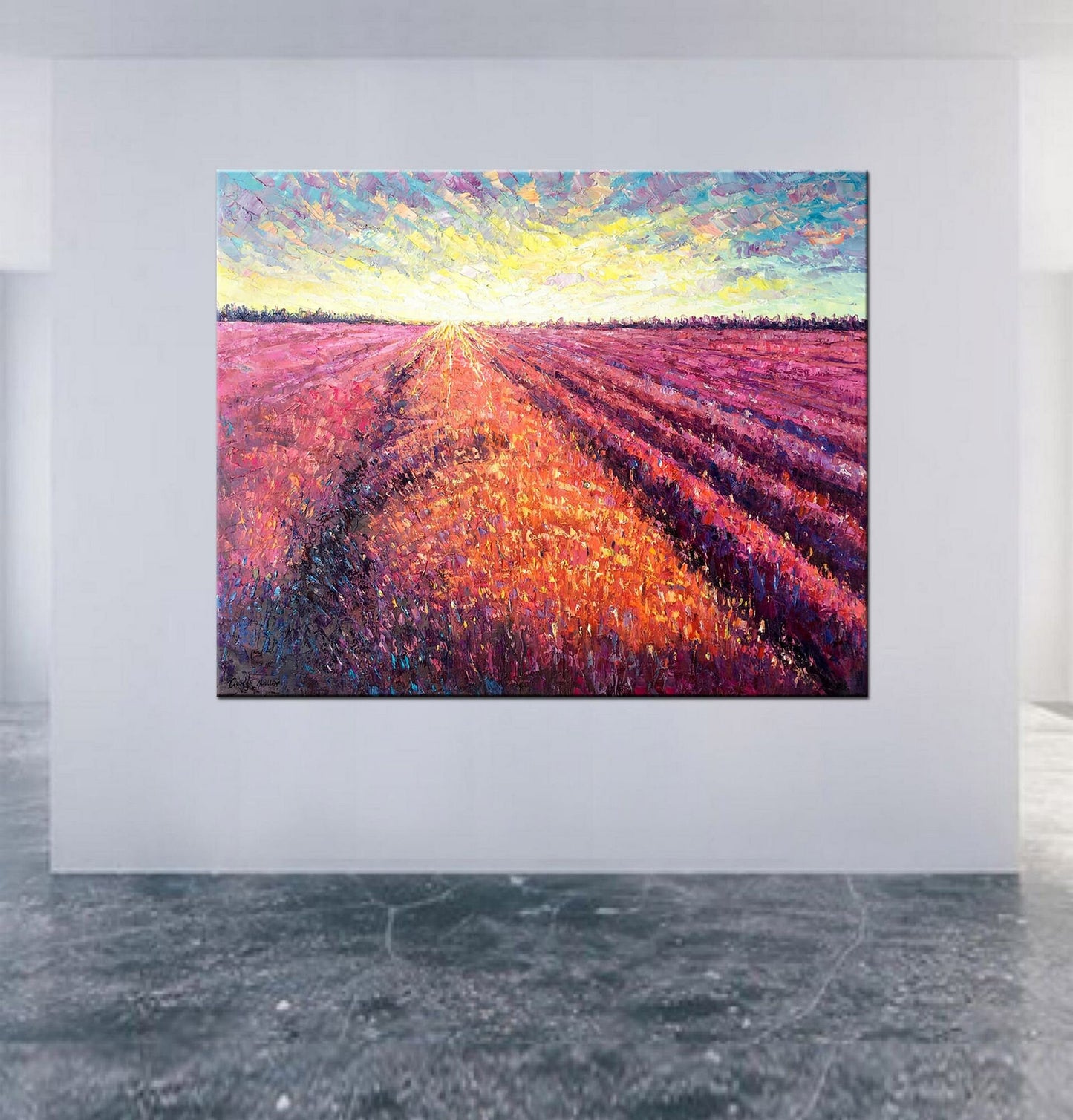 Landscape Oil Painting French Provence Lavender Fields At Dawn, Canvas Art, Paintings On Canvas, Abstract Landscape, Large Wall Art