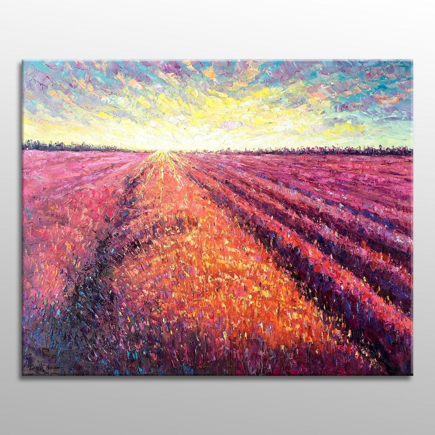 Landscape Oil Painting French Provence Lavender Fields At Dawn, Canvas Art, Paintings On Canvas, Abstract Landscape, Large Wall Art