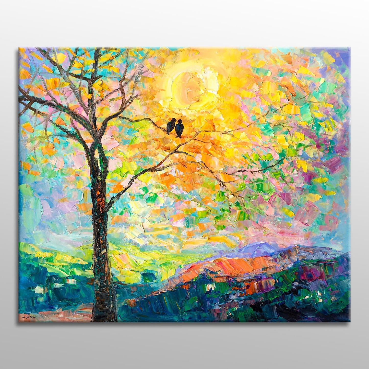 Large Oil Painting, Tree Wall Art Loved Birds, Flower Art, Contemporary Painting, Original Painting, Wedding Gift, Abstract Oil Painting