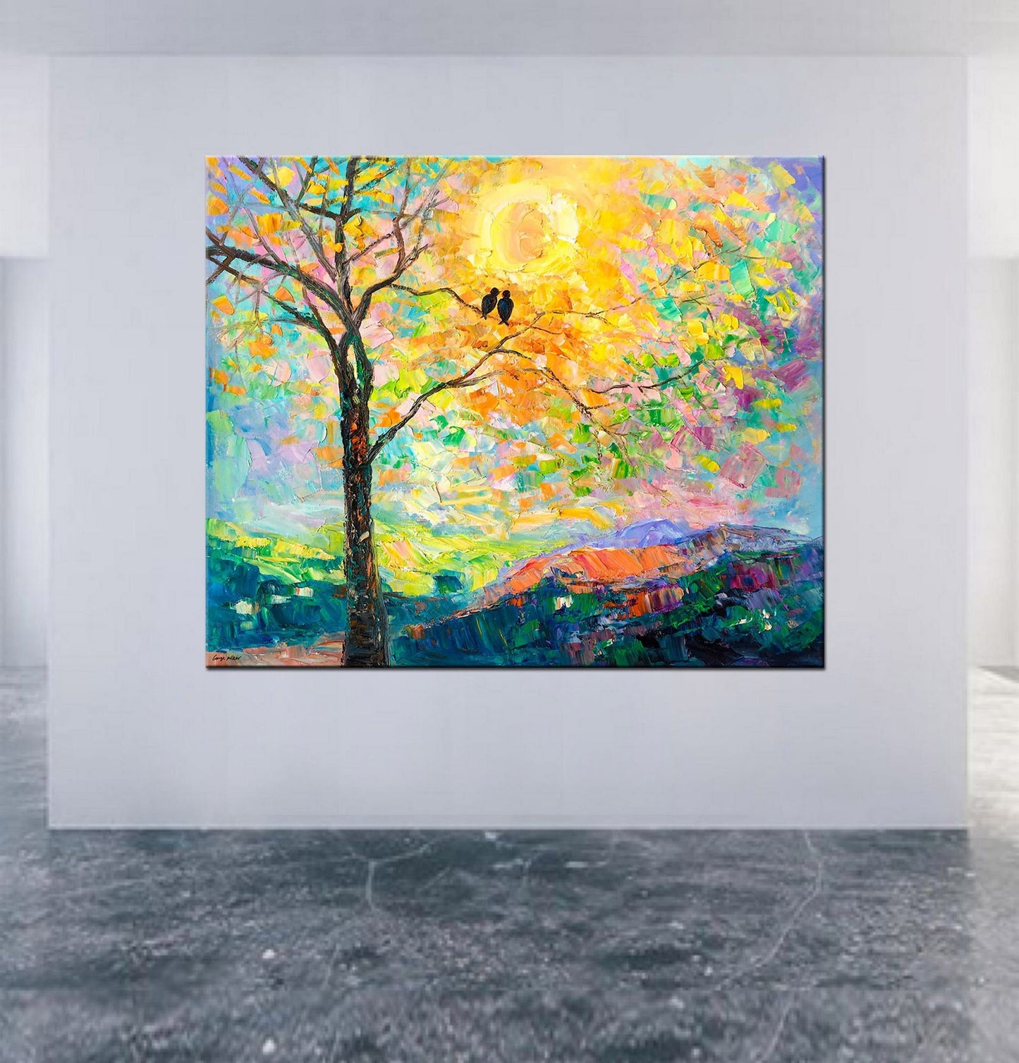 Large Oil Painting, Tree Wall Art Loved Birds, Flower Art, Contemporary Painting, Original Painting, Wedding Gift, Abstract Oil Painting