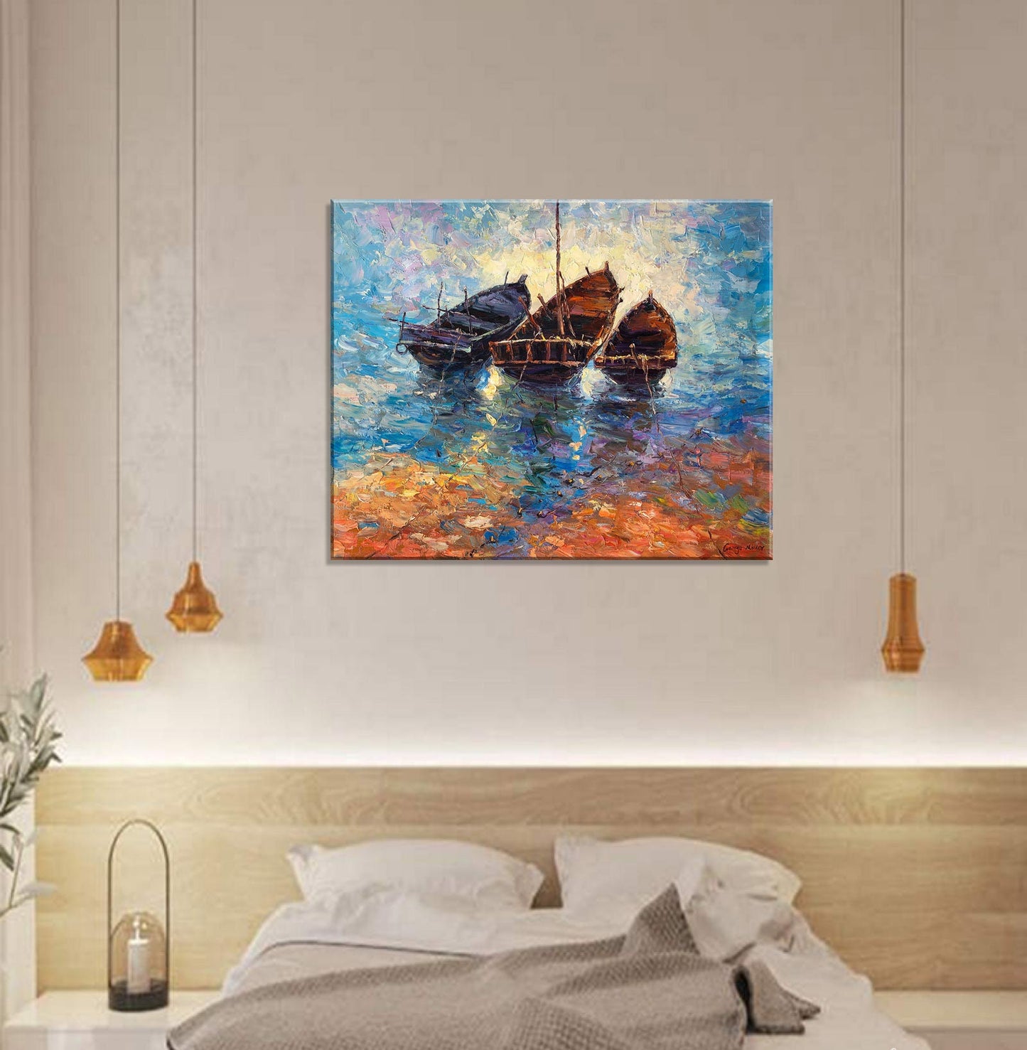 Oil Painting Abstract, Seascape Painting, Canvas Art, Abstract Wall Art, Original Abstract Art, Large Canvas Art, Fishing Boats Painting