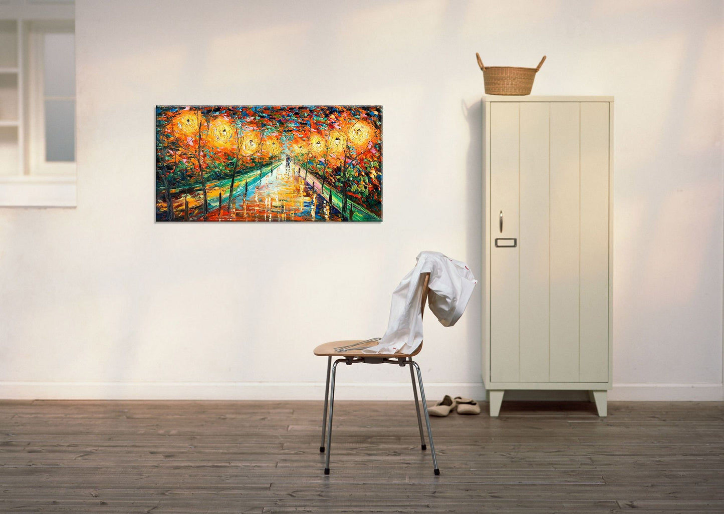 Landscape Oil Painting Street At Night, Canvas Painting, Landscape Art, Extra Large Wall Art, Handmade, Modern Wall Art, Texture Painting