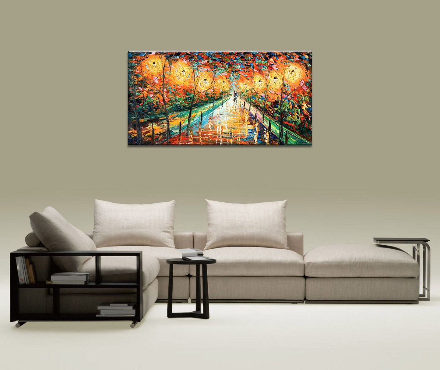 Landscape Oil Painting Street At Night, Canvas Painting, Landscape Art, Extra Large Wall Art, Handmade, Modern Wall Art, Texture Painting