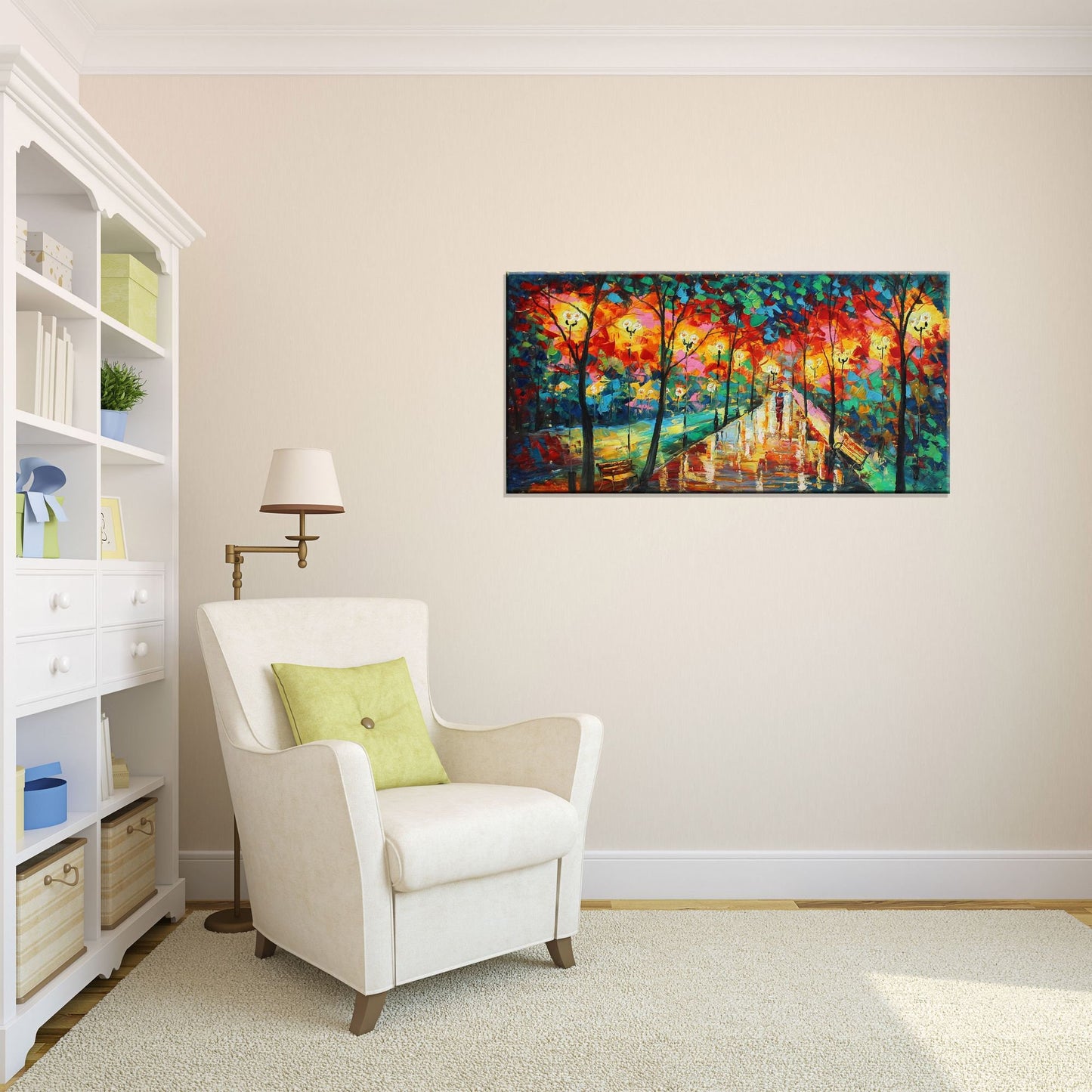 Oil Painting Landscape Avenue At Night, Canvas Painting, Wall Art Painting, Abstract Landscape, Extra Large Wall Art, Palette Knife Art
