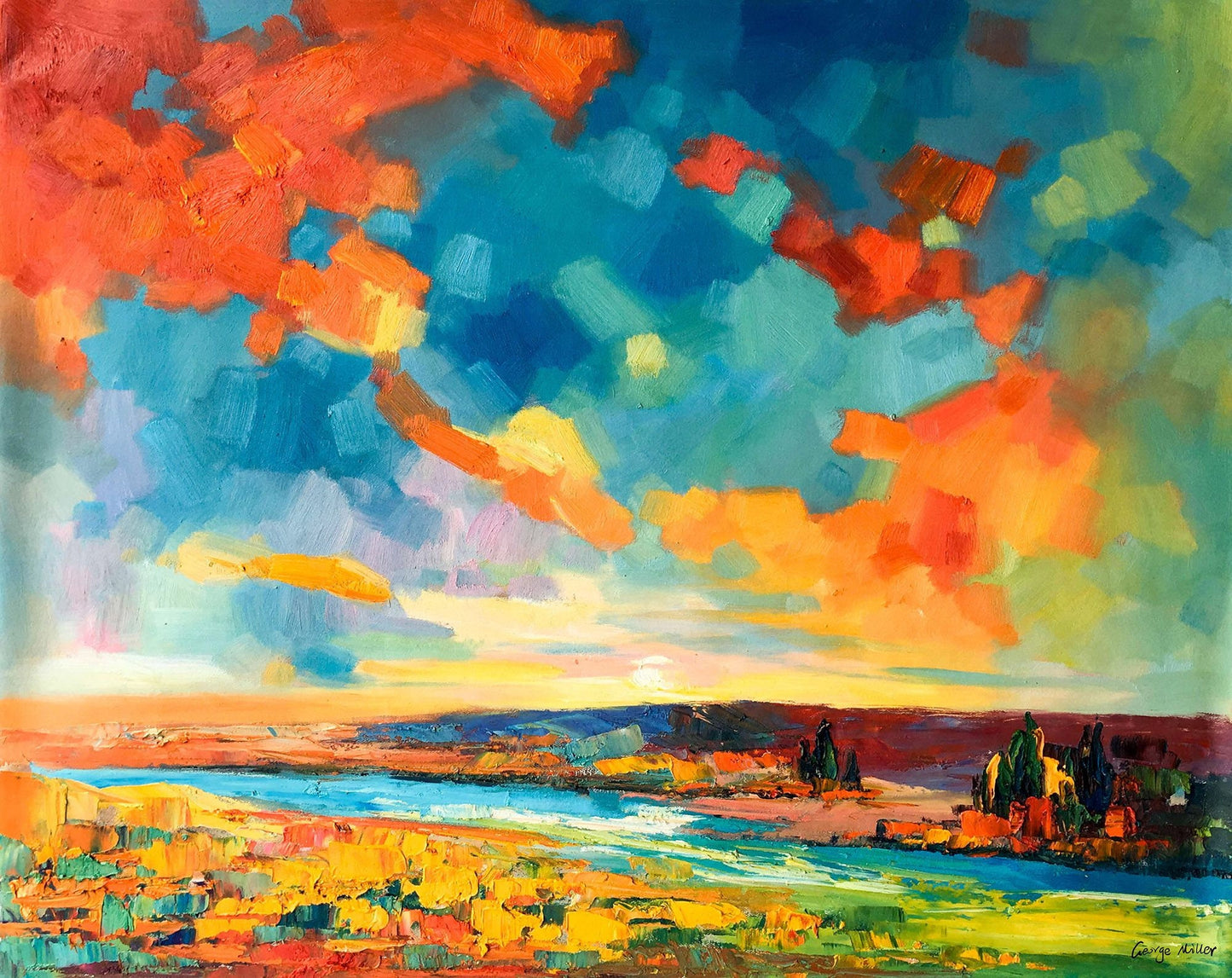 Abstract Landscape Oil Painting Sky By The River, Canvas Wall Art, Wall Art Painting, Canvas Wall Art Abstract, Oversized Painting On Canvas