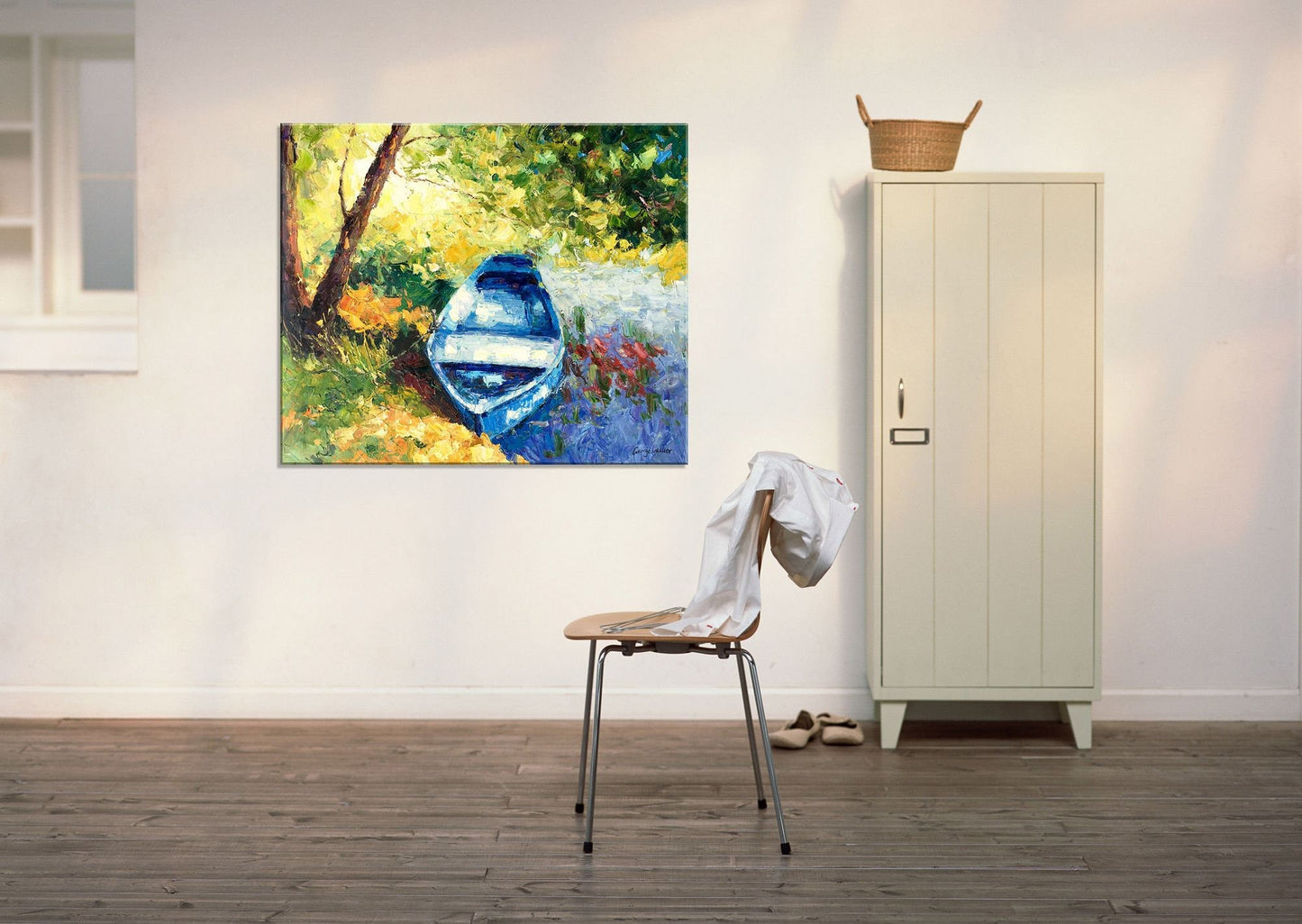 Original Landscape Oil Painting Fishing Boat Spring, Contemporary Painting, Oil Painting Original, Oil Painting Abstract, Art, Large Art