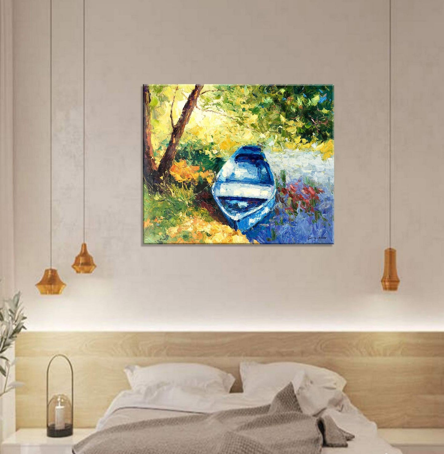 Original Landscape Oil Painting Fishing Boat Spring, Contemporary Painting, Oil Painting Original, Oil Painting Abstract, Art, Large Art
