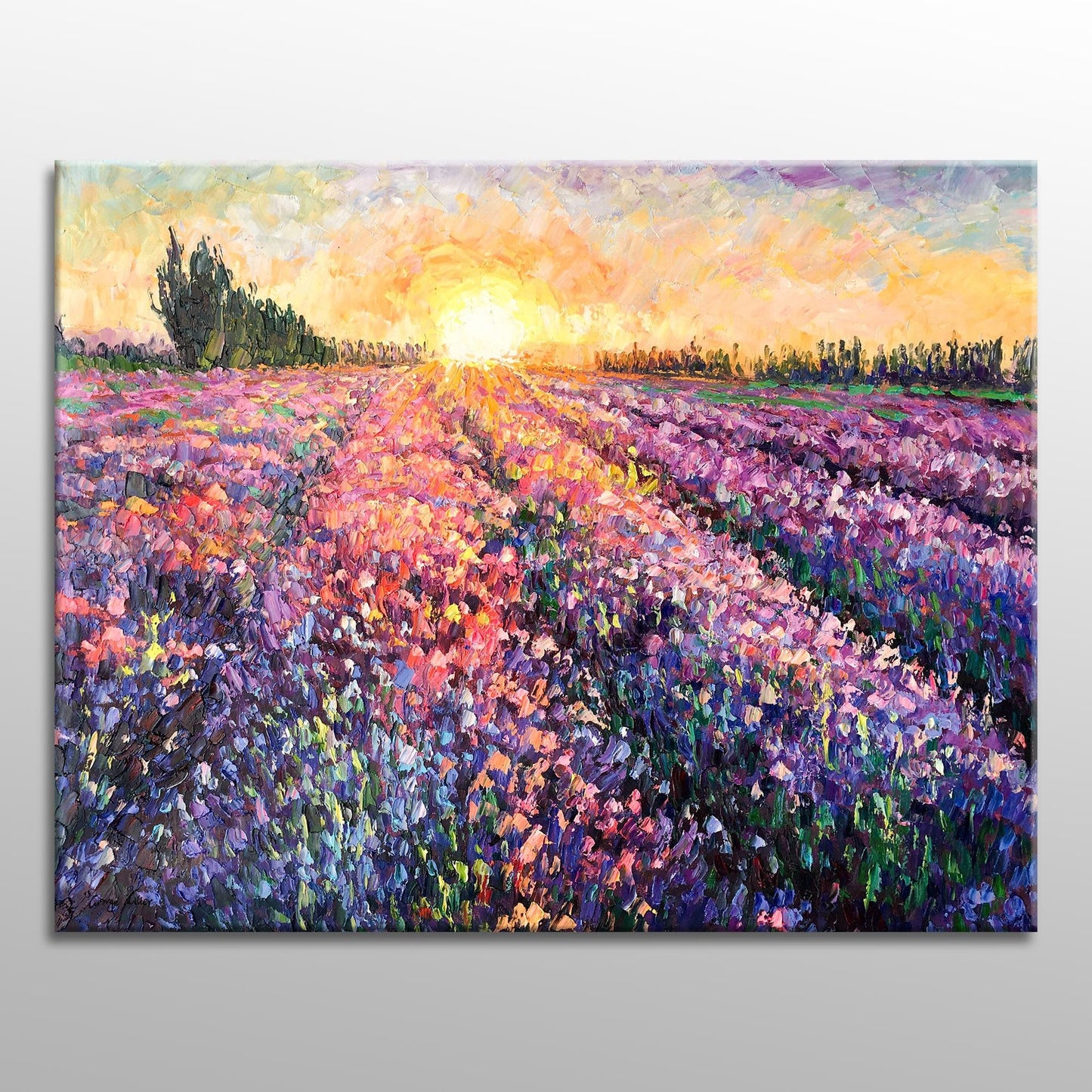 Oil Painting Tuscany Lavender Fields Sunrise, Living Room Decor, Large Abstract Art, Canvas Art, Contemporary Painting Large Canvas Wall Art