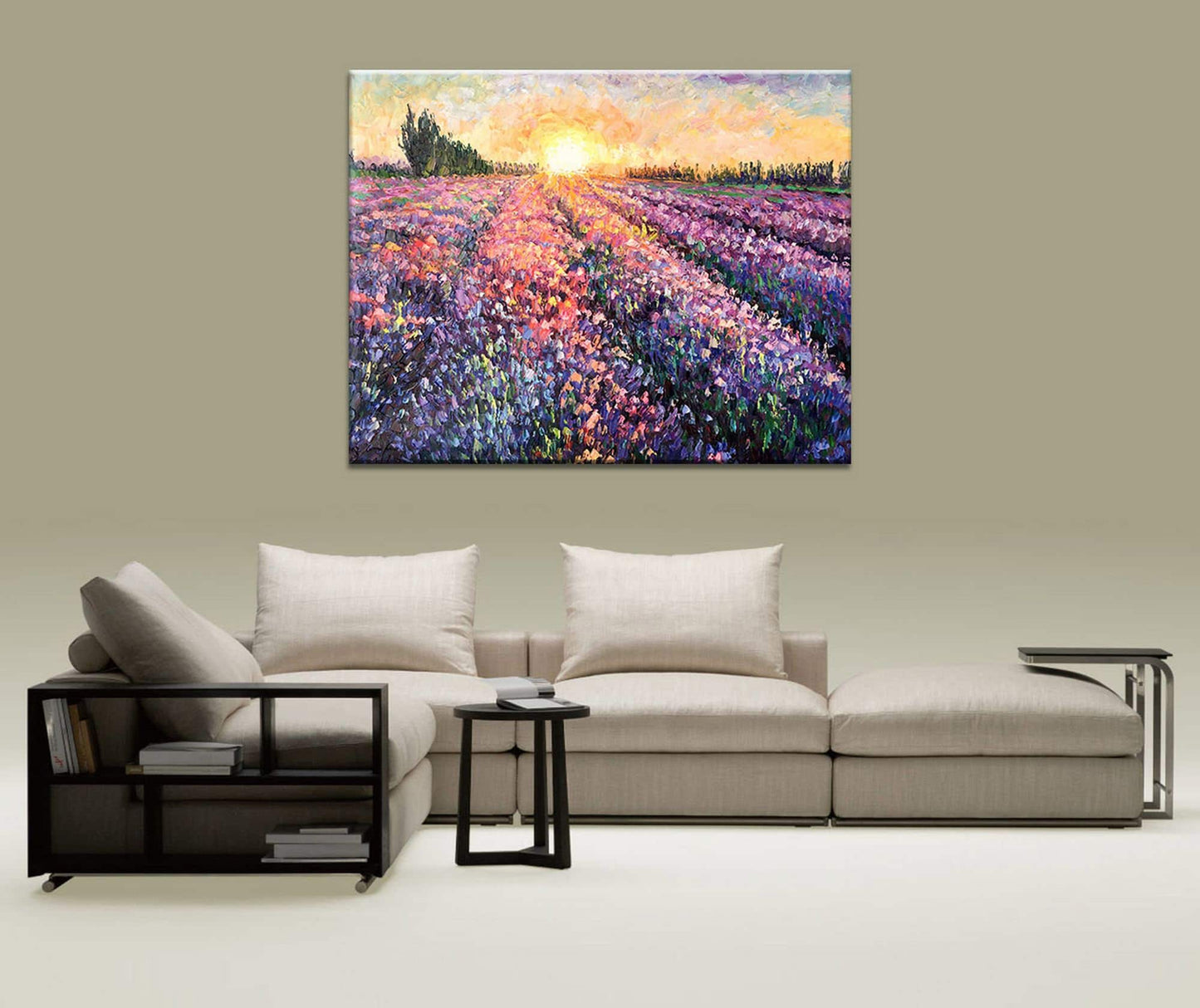 Oil Painting Tuscany Lavender Fields Sunrise, Living Room Decor, Large Abstract Art, Canvas Art, Contemporary Painting Large Canvas Wall Art