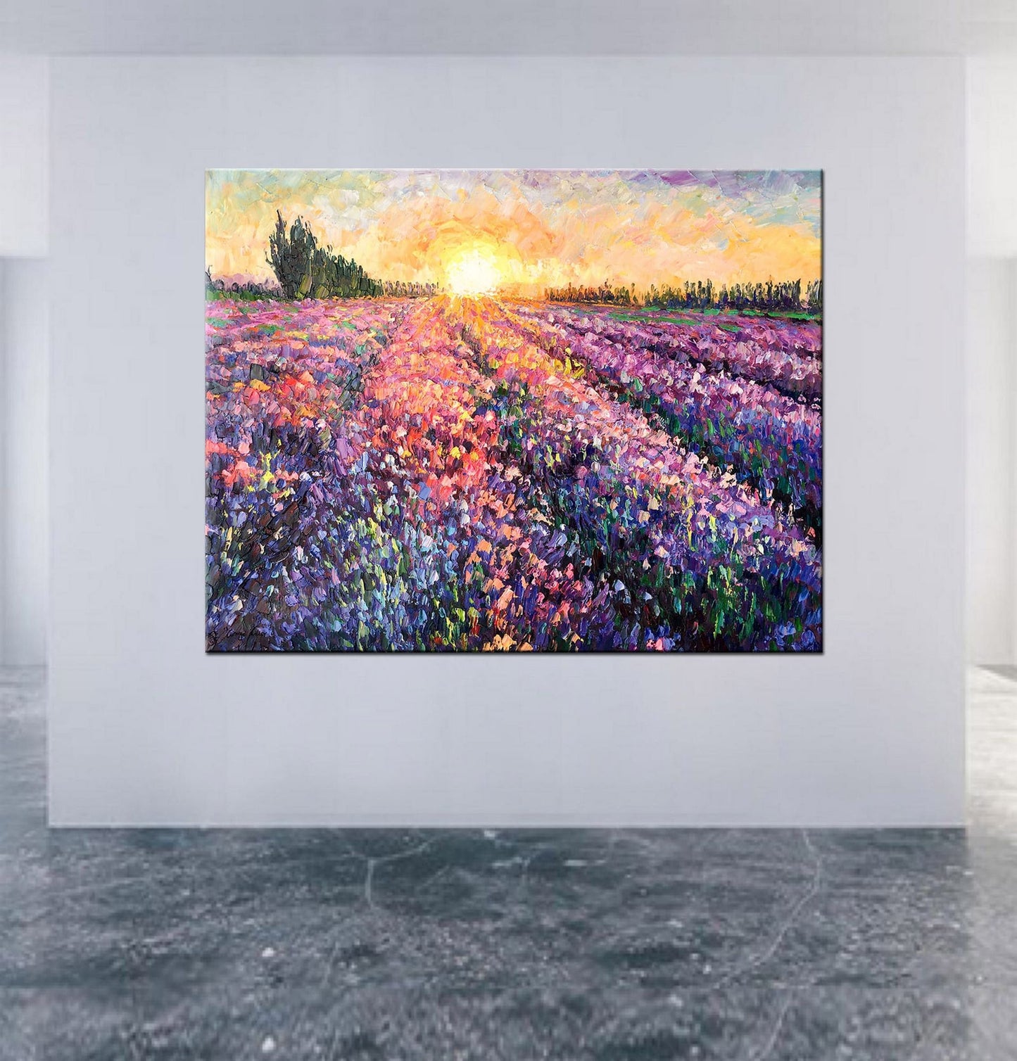 Oil Painting Tuscany Lavender Fields Sunrise, Living Room Decor, Large Abstract Art, Canvas Art, Contemporary Painting Large Canvas Wall Art