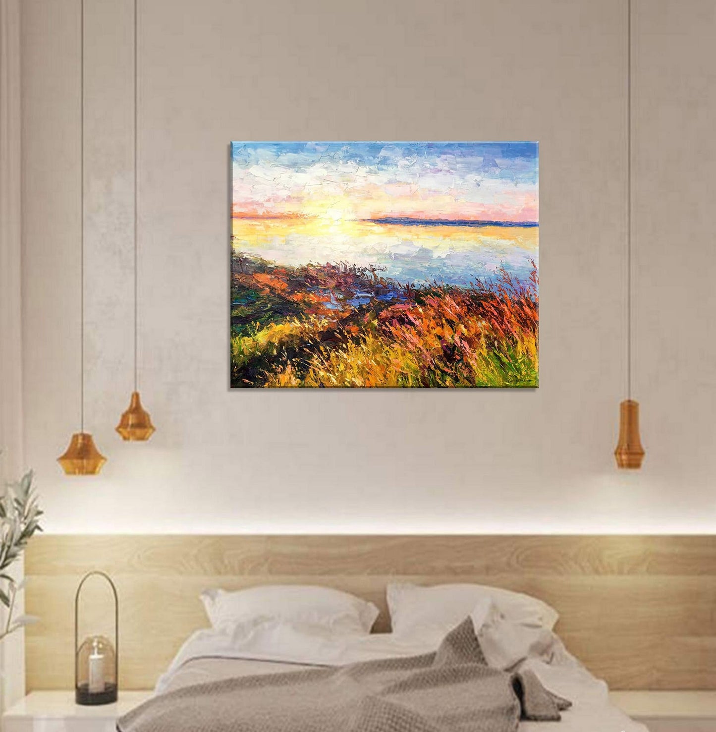 Experience the beauty of a Sunrise by the Lake- Large oil palette knife painting for your home decor