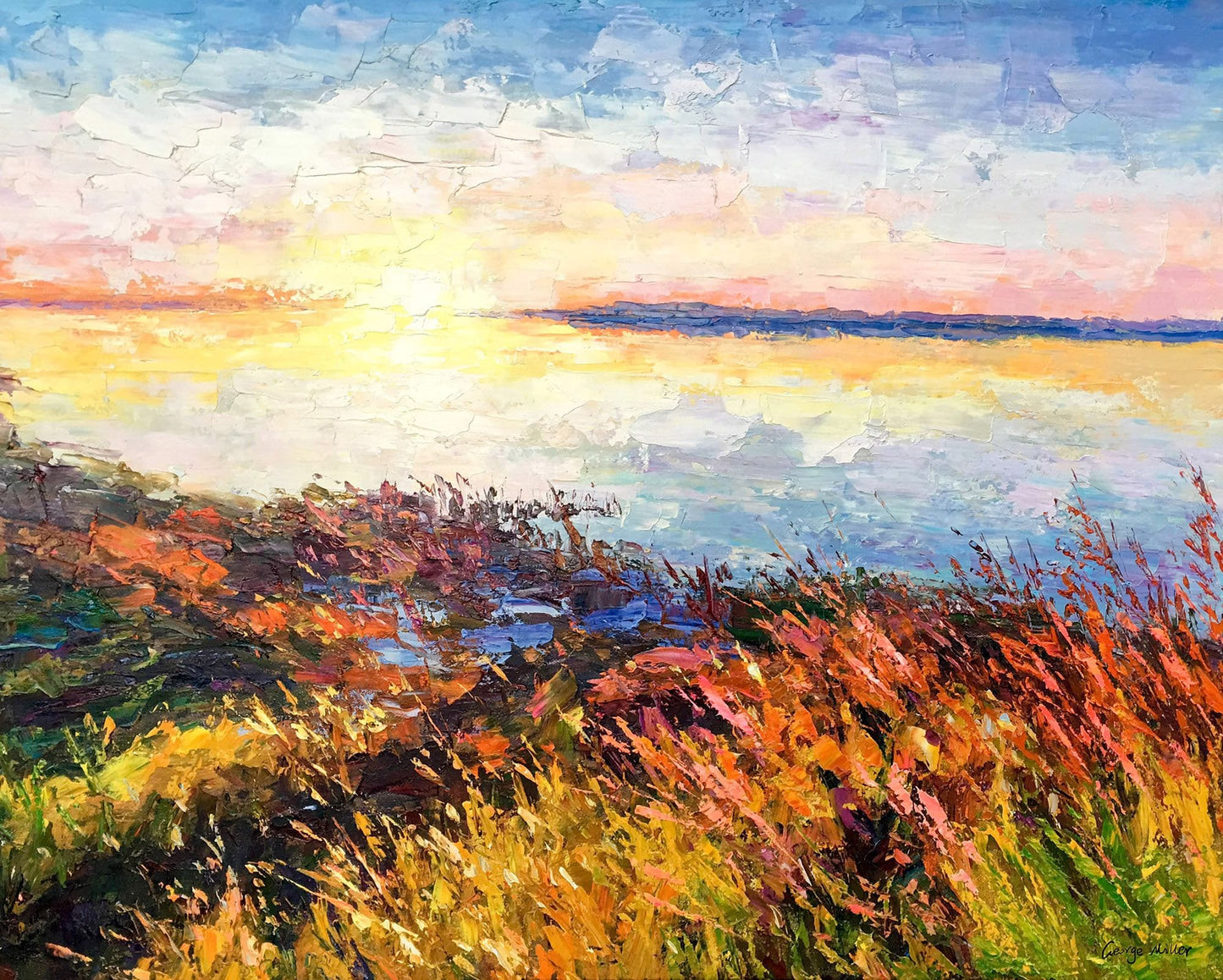 Experience the beauty of a Sunrise by the Lake- Large oil palette knife painting for your home decor