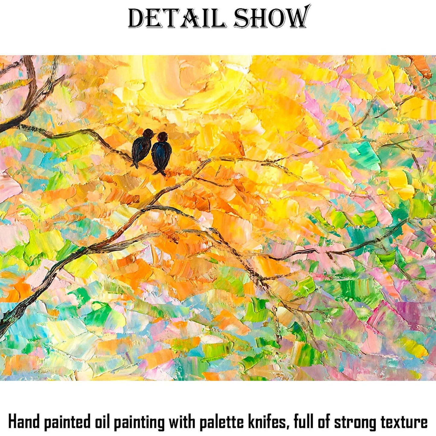 Large Oil Painting, Tree Wall Art Loved Birds, Flower Art, Contemporary Painting, Original Painting, Wedding Gift, Abstract Oil Painting