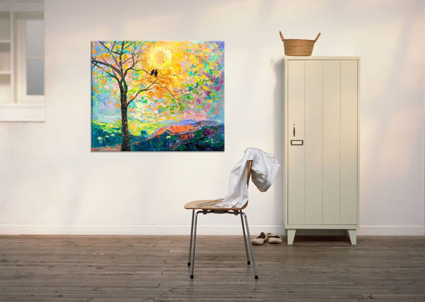 Large Oil Painting, Tree Wall Art Loved Birds, Flower Art, Contemporary Painting, Original Painting, Wedding Gift, Abstract Oil Painting