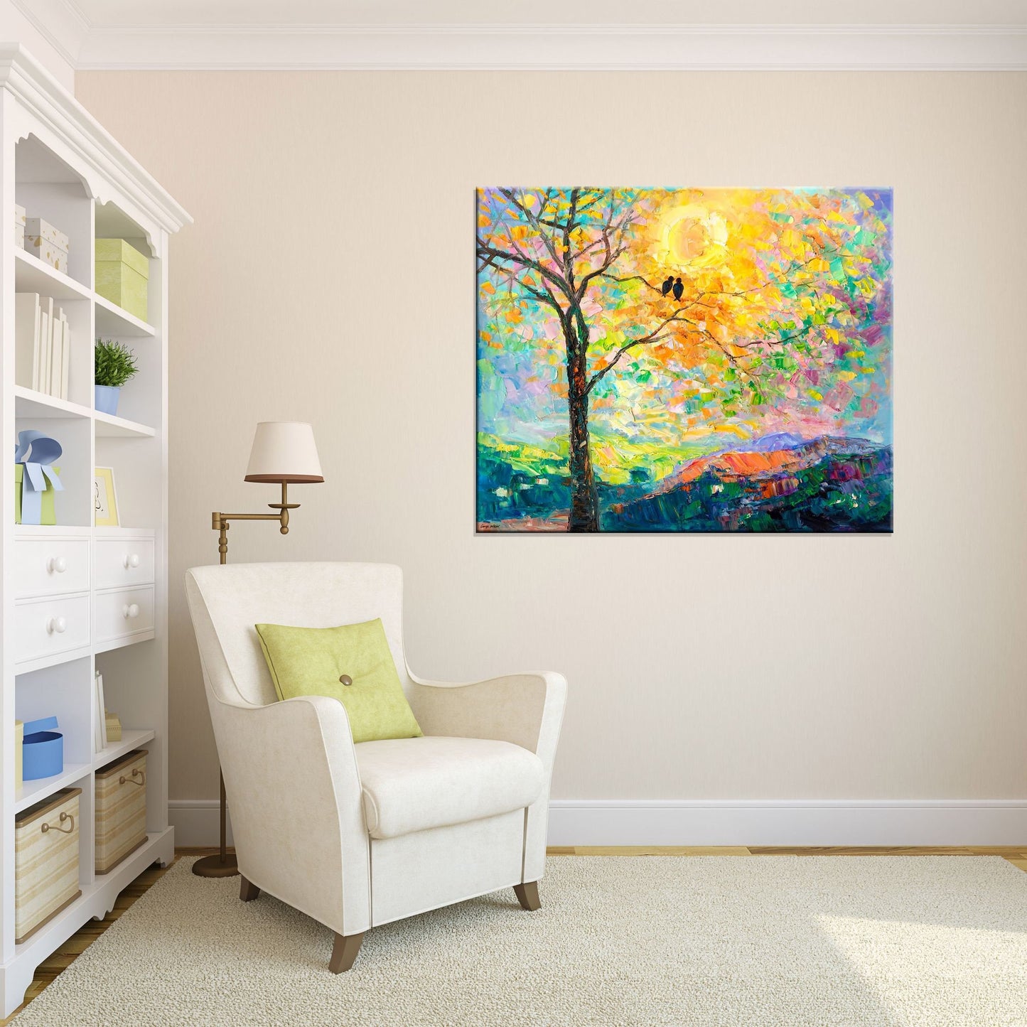 Large Oil Painting, Tree Wall Art Loved Birds, Flower Art, Contemporary Painting, Original Painting, Wedding Gift, Abstract Oil Painting