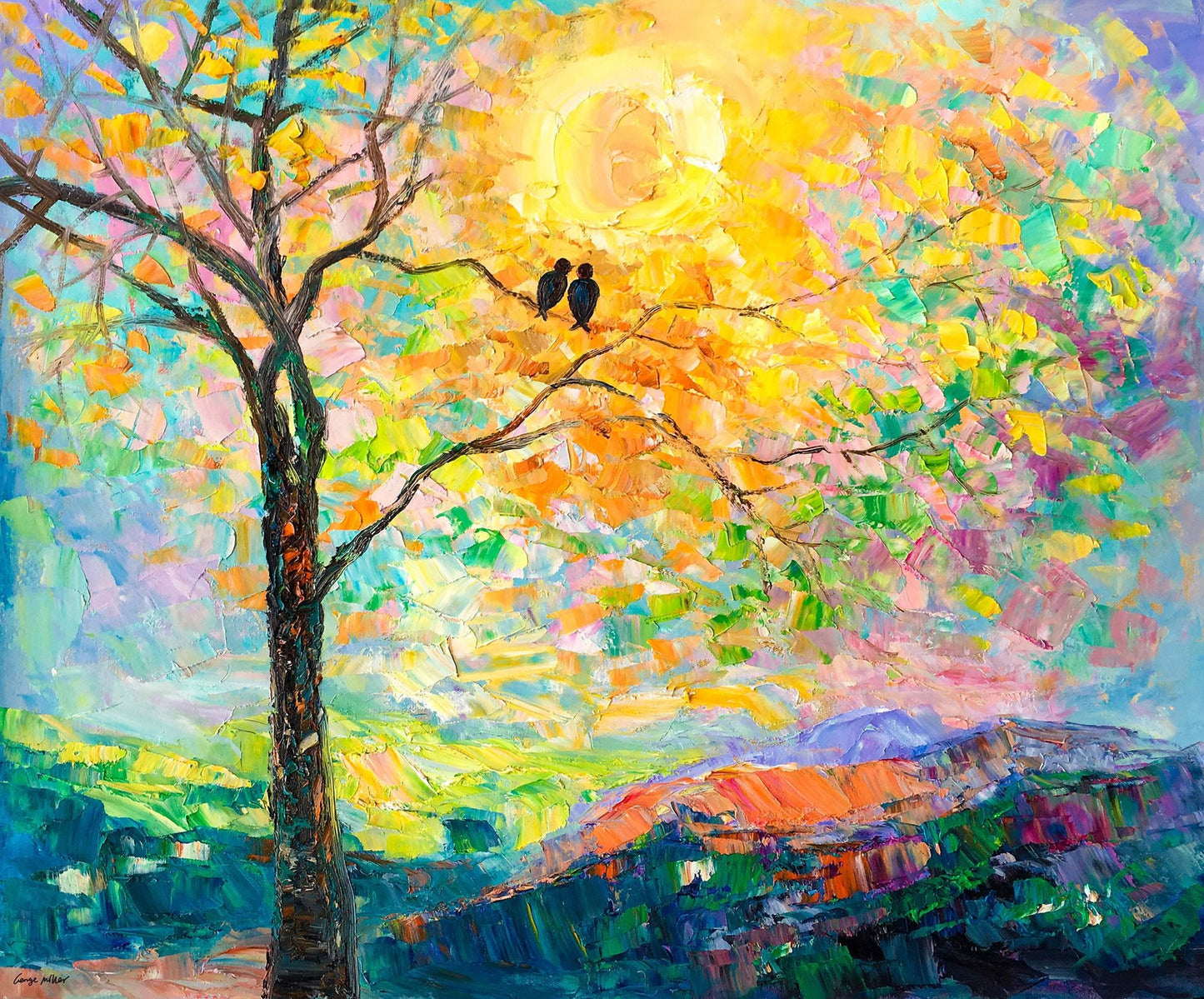 Large Oil Painting, Tree Wall Art Loved Birds, Flower Art, Contemporary Painting, Original Painting, Wedding Gift, Abstract Oil Painting