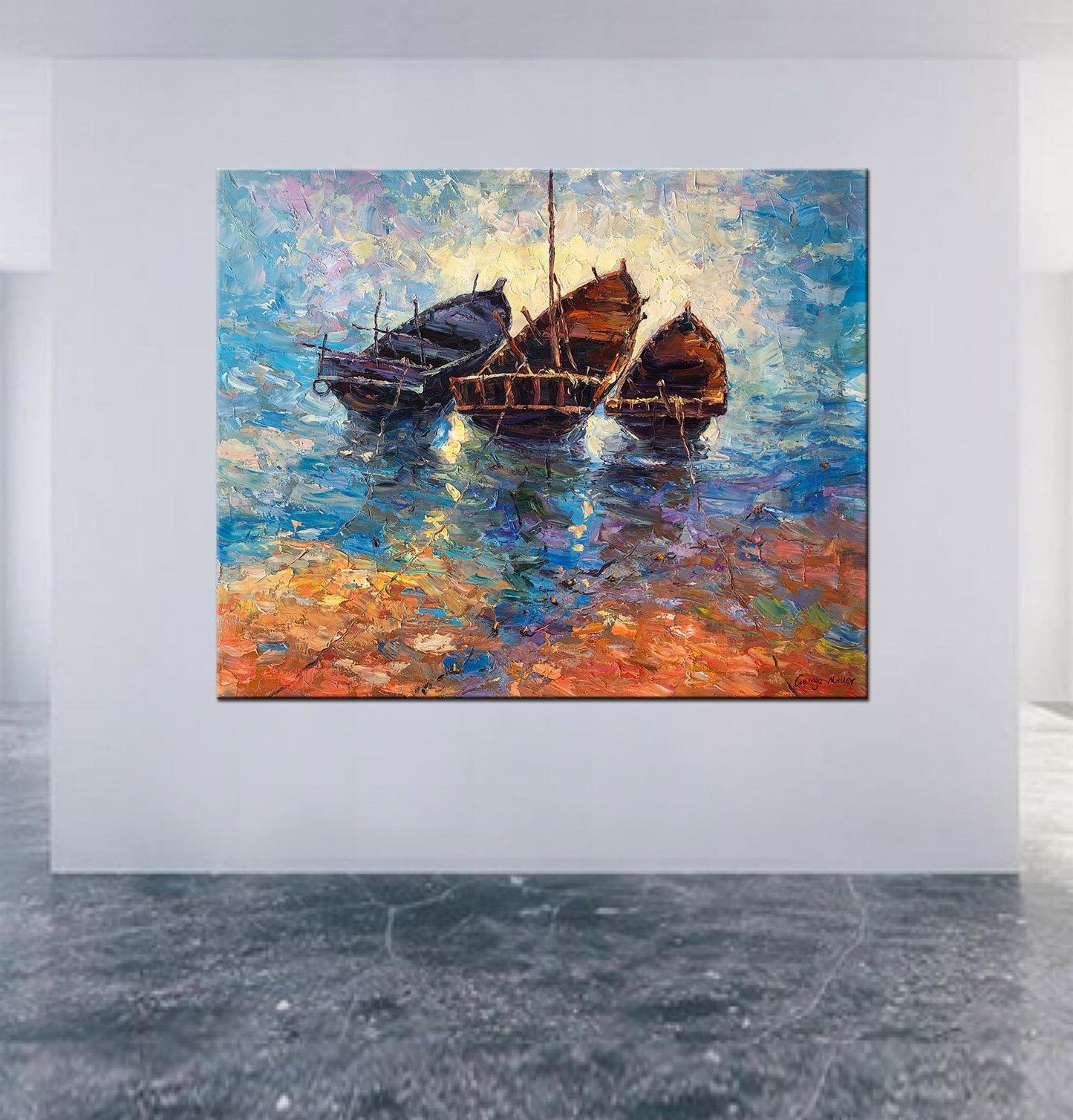 Oil Painting Abstract, Seascape Painting, Canvas Art, Abstract Wall Art, Original Abstract Art, Large Canvas Art, Fishing Boats Painting