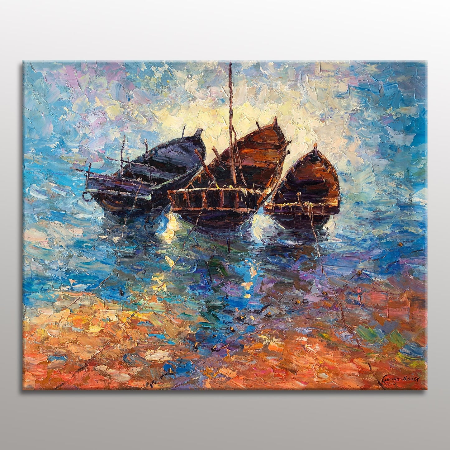 Oil Painting Abstract, Seascape Painting, Canvas Art, Abstract Wall Art, Original Abstract Art, Large Canvas Art, Fishing Boats Painting