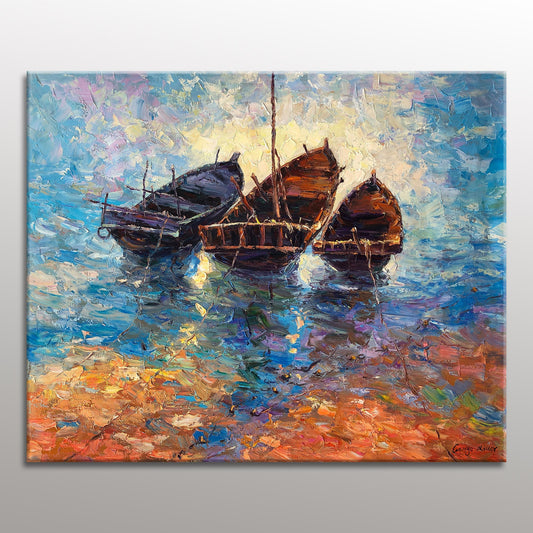 Oil Painting Abstract, Seascape Painting, Canvas Art, Abstract Wall Art, Original Abstract Art, Large Canvas Art, Fishing Boats Painting