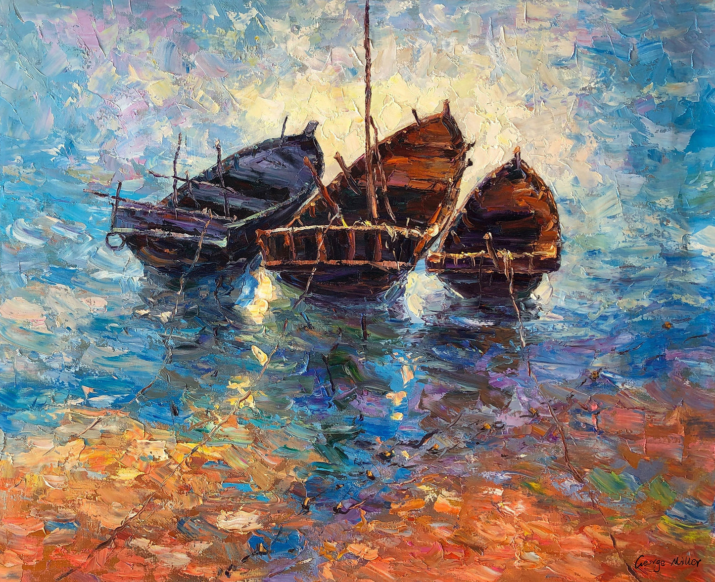 Oil Painting Abstract, Seascape Painting, Canvas Art, Abstract Wall Art, Original Abstract Art, Large Canvas Art, Fishing Boats Painting
