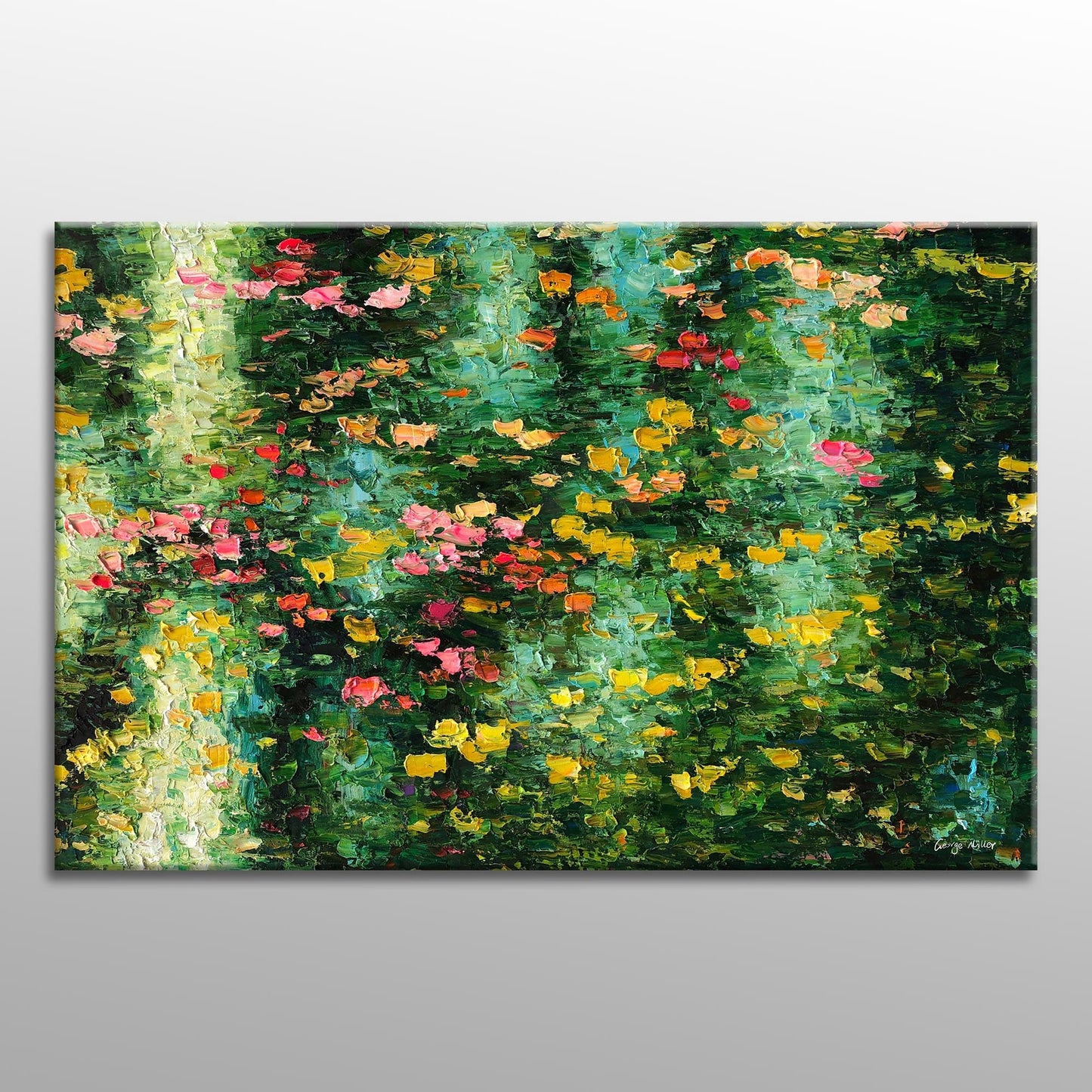 Waterlily Abstract Painting, Extra Large Wall Art Abstract, Abstract Canvas Art, Green and Red Abstract Art, Nature Oil Painting