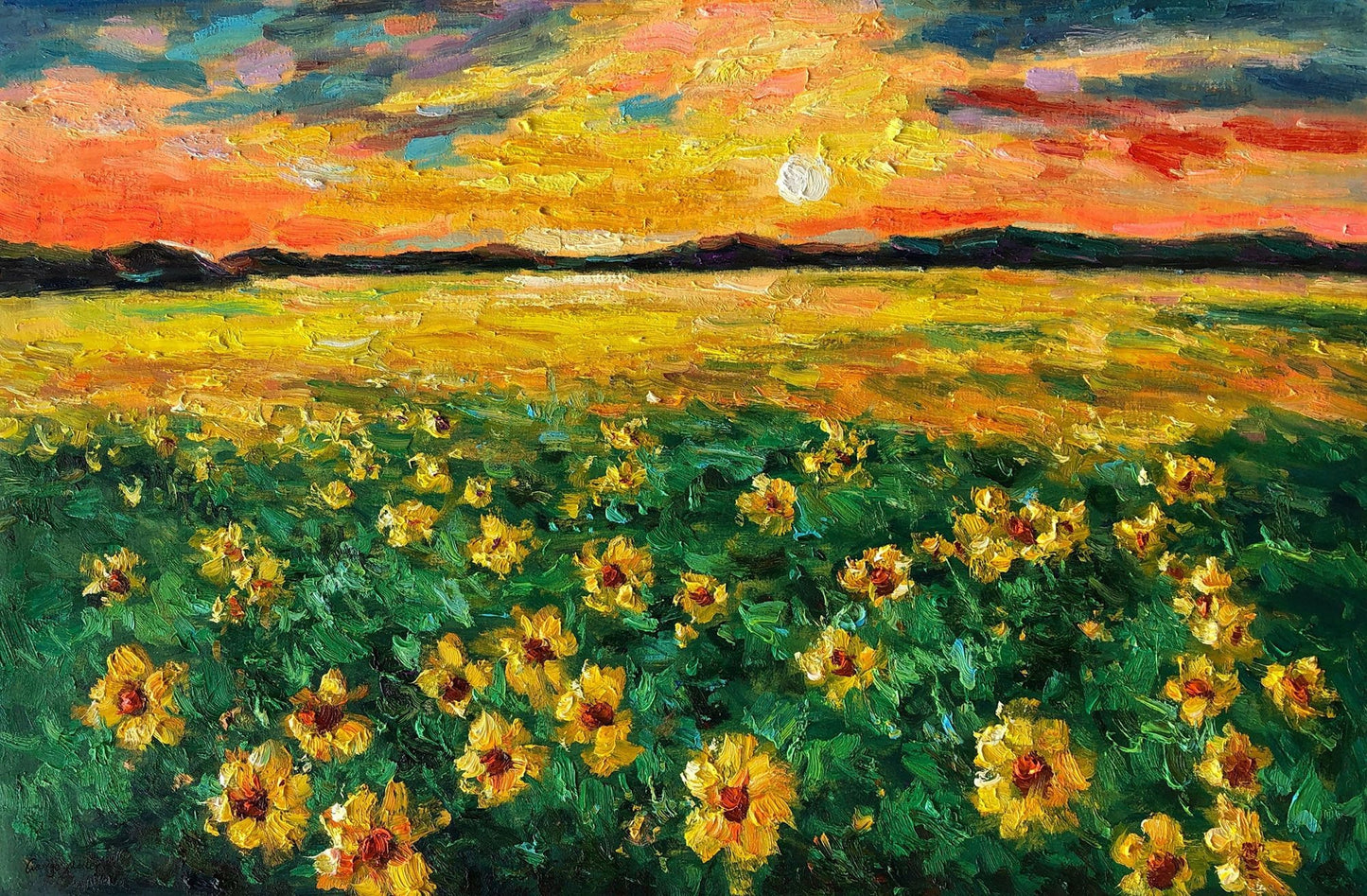 Original Oil Painting, Abstract Art, Sunflower Fields at Dawn, Abstract Wall Art, Knife Art, Abstract Canvas Art, Landscape Oil Painting
