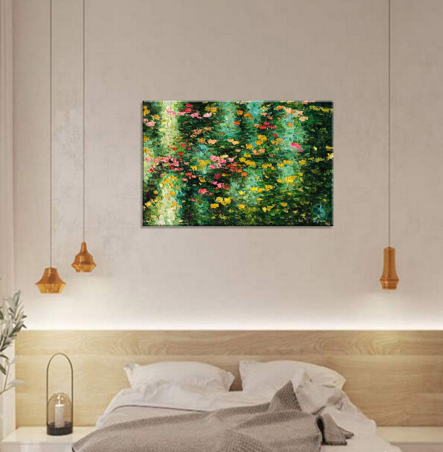 Waterlily Abstract Painting, Extra Large Wall Art Abstract, Abstract Canvas Art, Green and Red Abstract Art, Nature Oil Painting