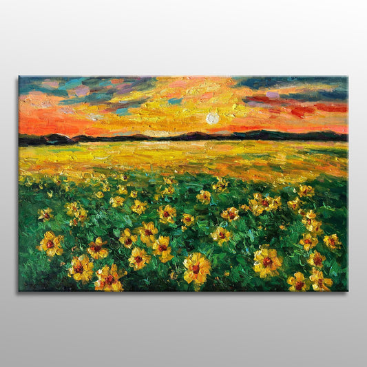 Original Oil Painting, Abstract Art, Sunflower Fields at Dawn, Abstract Wall Art, Knife Art, Abstract Canvas Art, Landscape Oil Painting