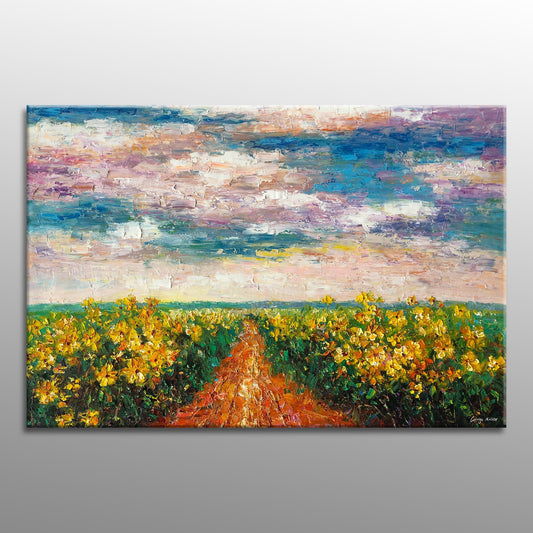 Large Oil Painting, Large Art, Sunflower Field French Landscape Painting, Palette Knife Art, Abstract Canvas Painting, Oil Painting Art