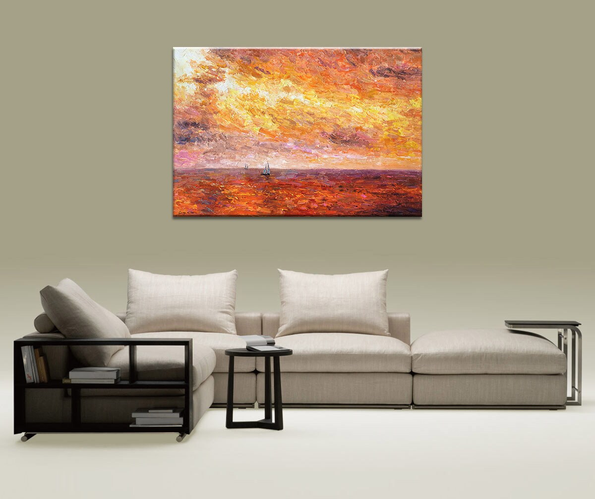 Original Oil Painting: Pacific Sunset Seascape - Modern Wall Art | 32x48 inches, Abstract Painting Seascape, Large Painting, Modern Wall Art