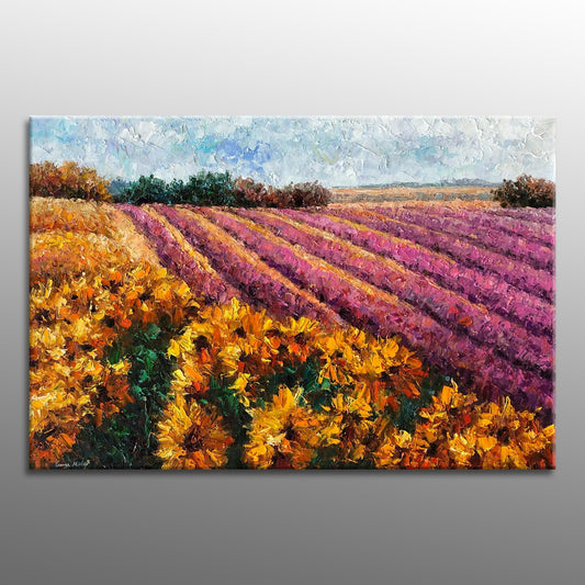 Original Landscape Oil Painting Lavender Fields With Sunflowers, Canvas Art, Extra Large Painting, Handmade Painting, Modern Painting
