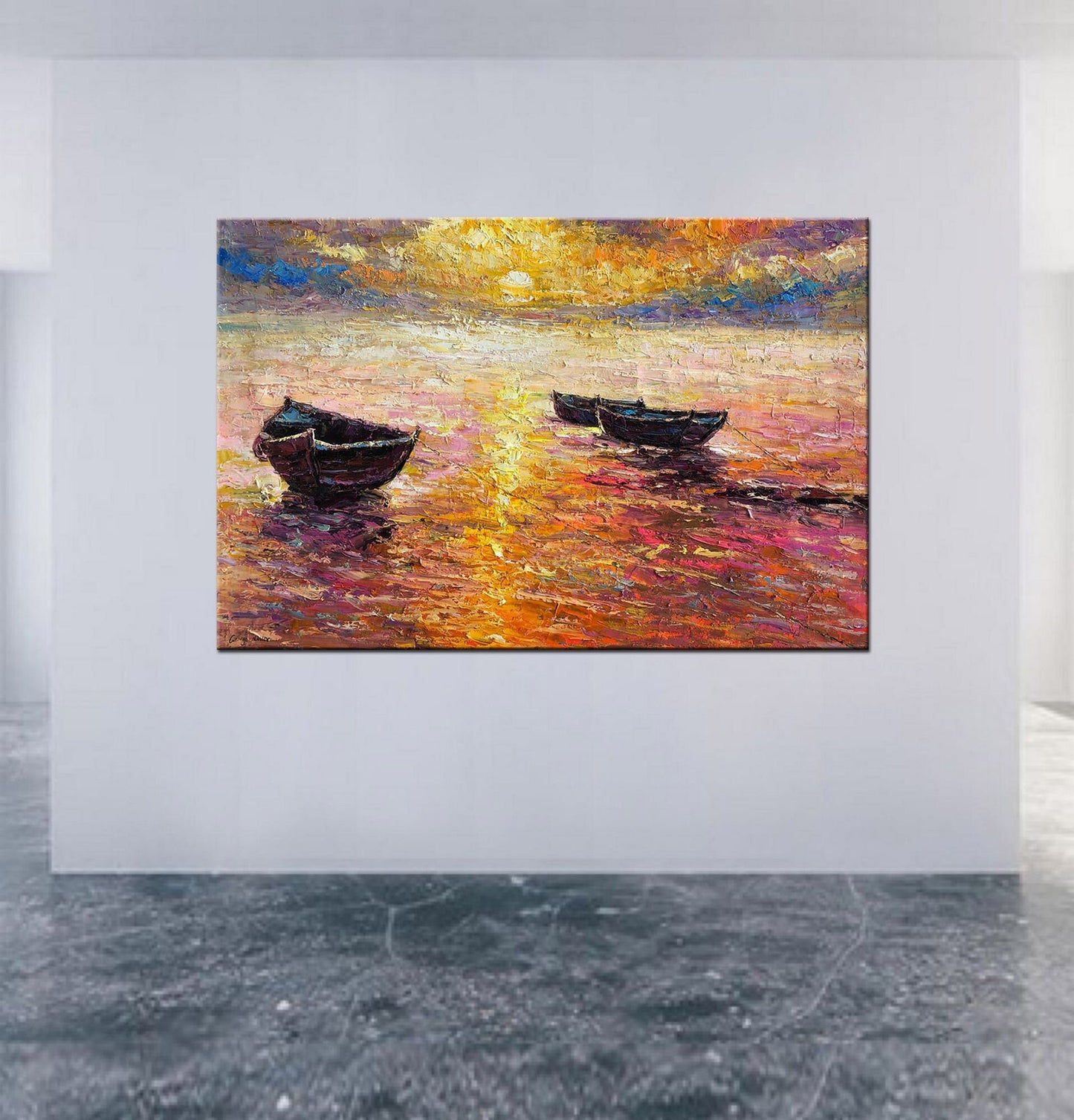 Fishing Boat at Dawn: Large Wall Decor | Original Oil Painting | Seascape Art, Oil Painting Abstract, Living Room Wall Décor