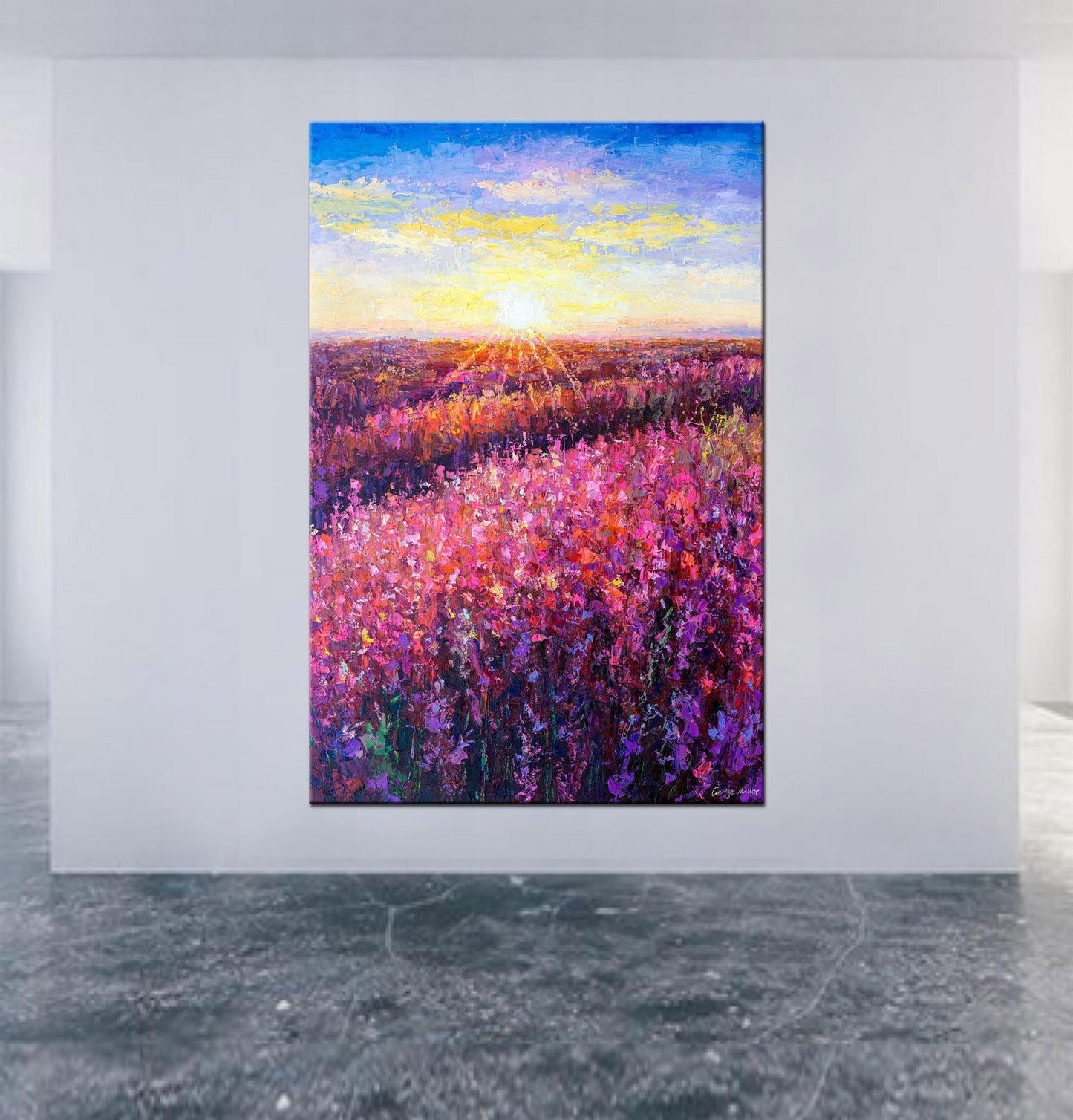Oil Painting, Spring Filed with Pink Flowers at Dawn, Original Painting, Canvas Art, Contemporary Wall Art, Original Oil Painting Landscape