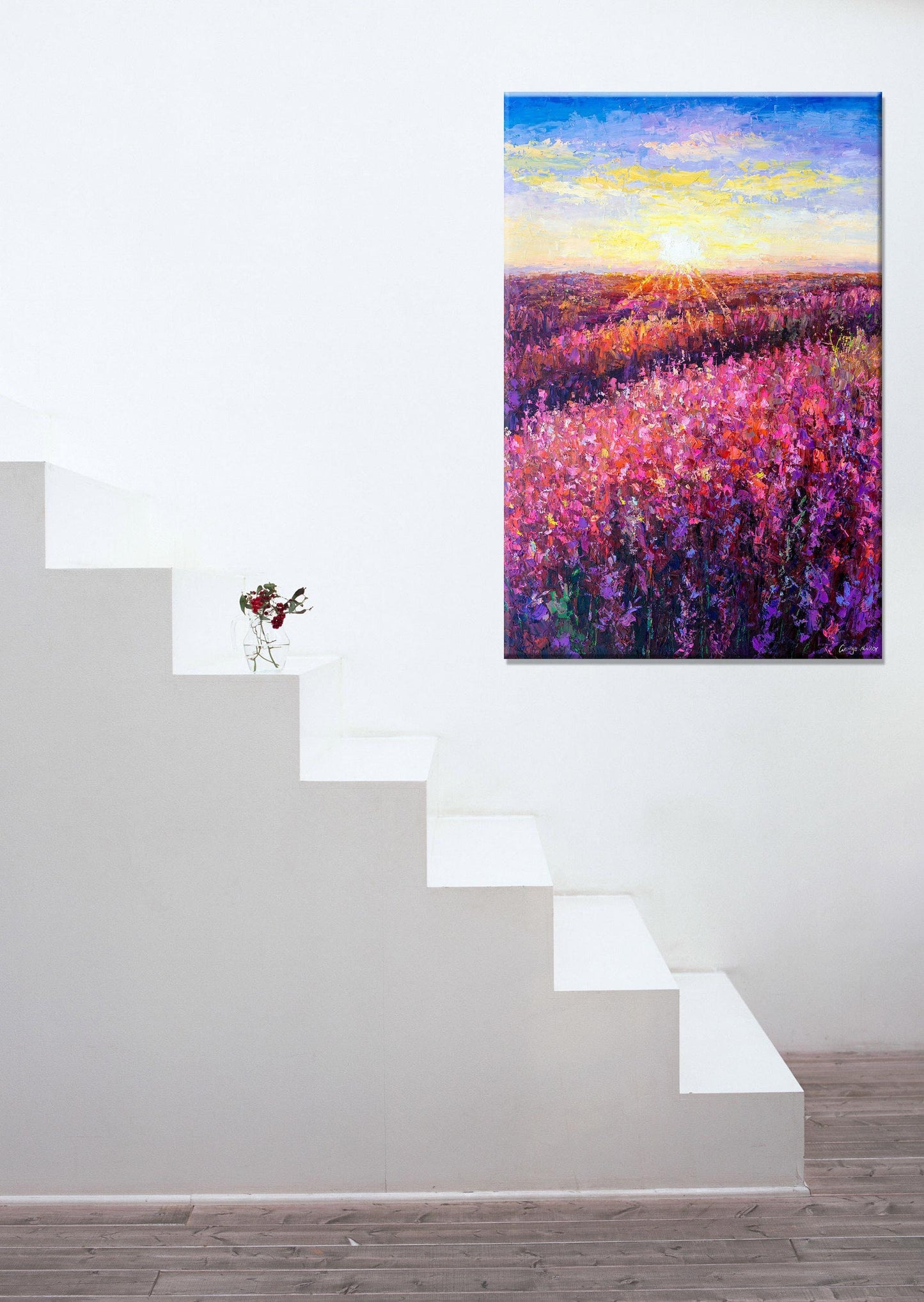Oil Painting, Spring Filed with Pink Flowers at Dawn, Original Painting, Canvas Art, Contemporary Wall Art, Original Oil Painting Landscape
